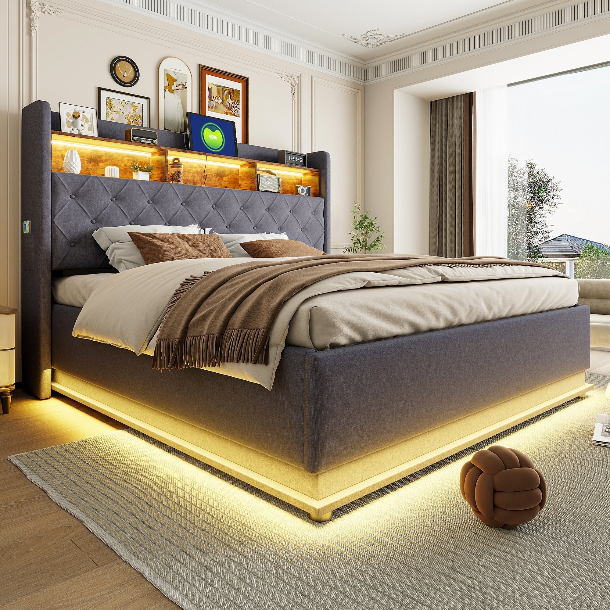 LED upholstered bed with USB and hydraulic storage, linen grey - Image 2