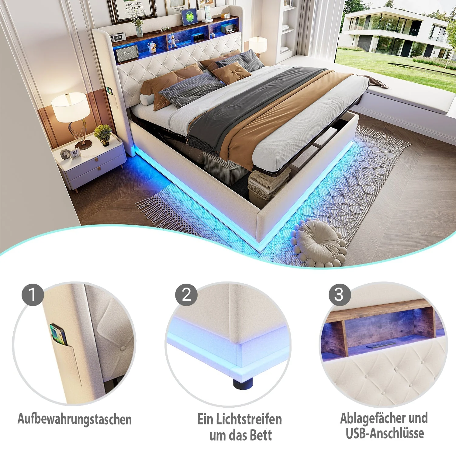LED Upholstered Bed with USB & Hydraulic Storage, Linen Beige - Image 5