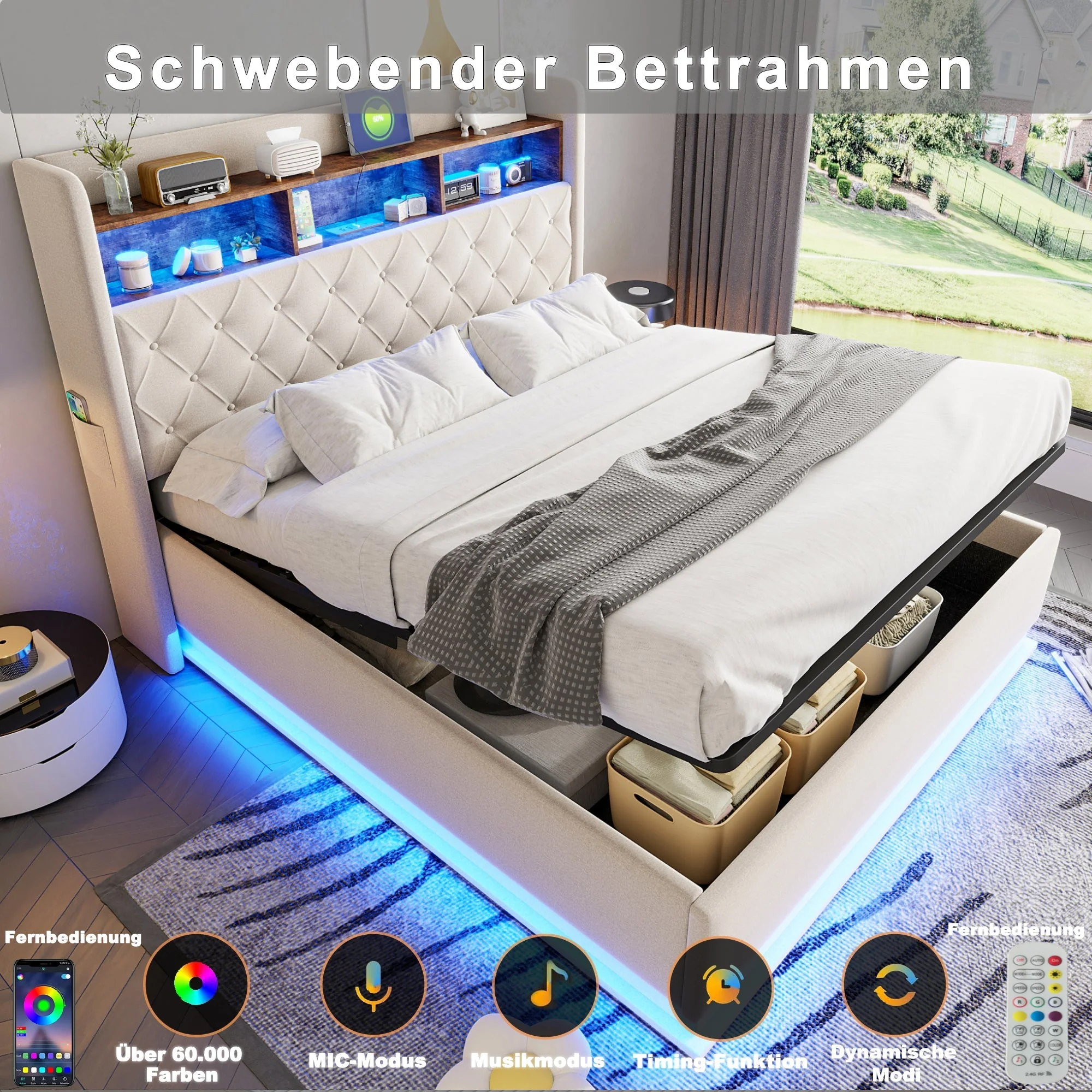 LED Upholstered Bed with USB & Hydraulic Storage, Linen Beige - Image 6