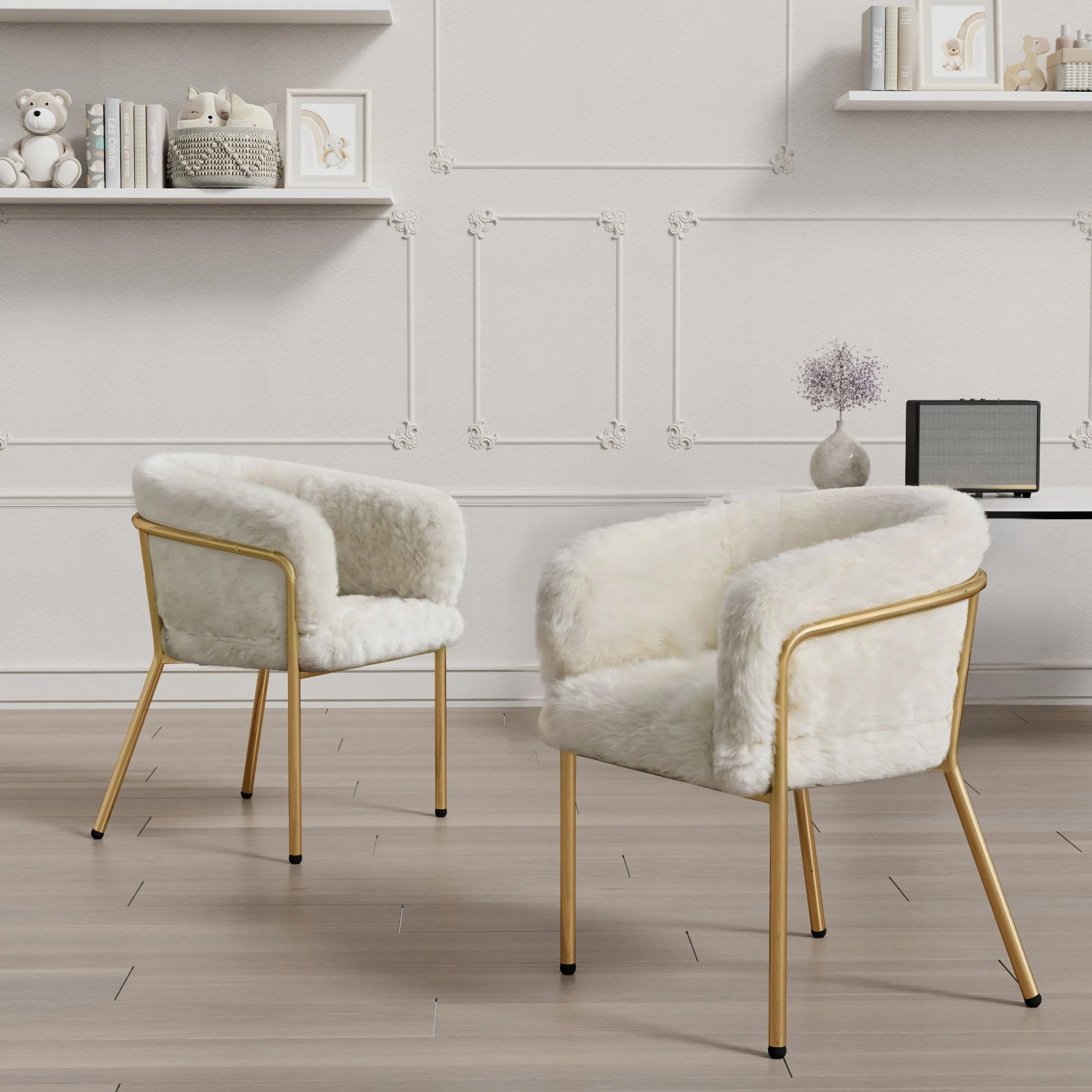 Leisure Chair, Single Dressing Dining Chair with 4 Metal Legs, Imitation Rabbit Down Beige - Image 3
