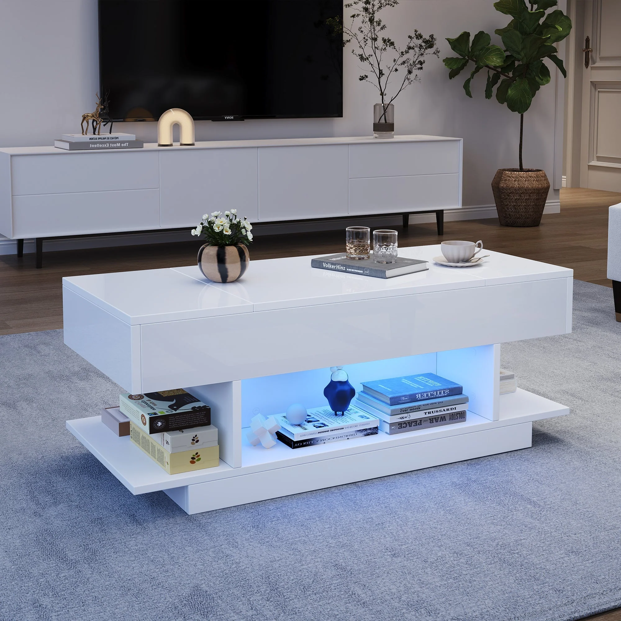 Lift Coffee Table, Height-Adjustable Storage LED, High-Gloss White - Image 2