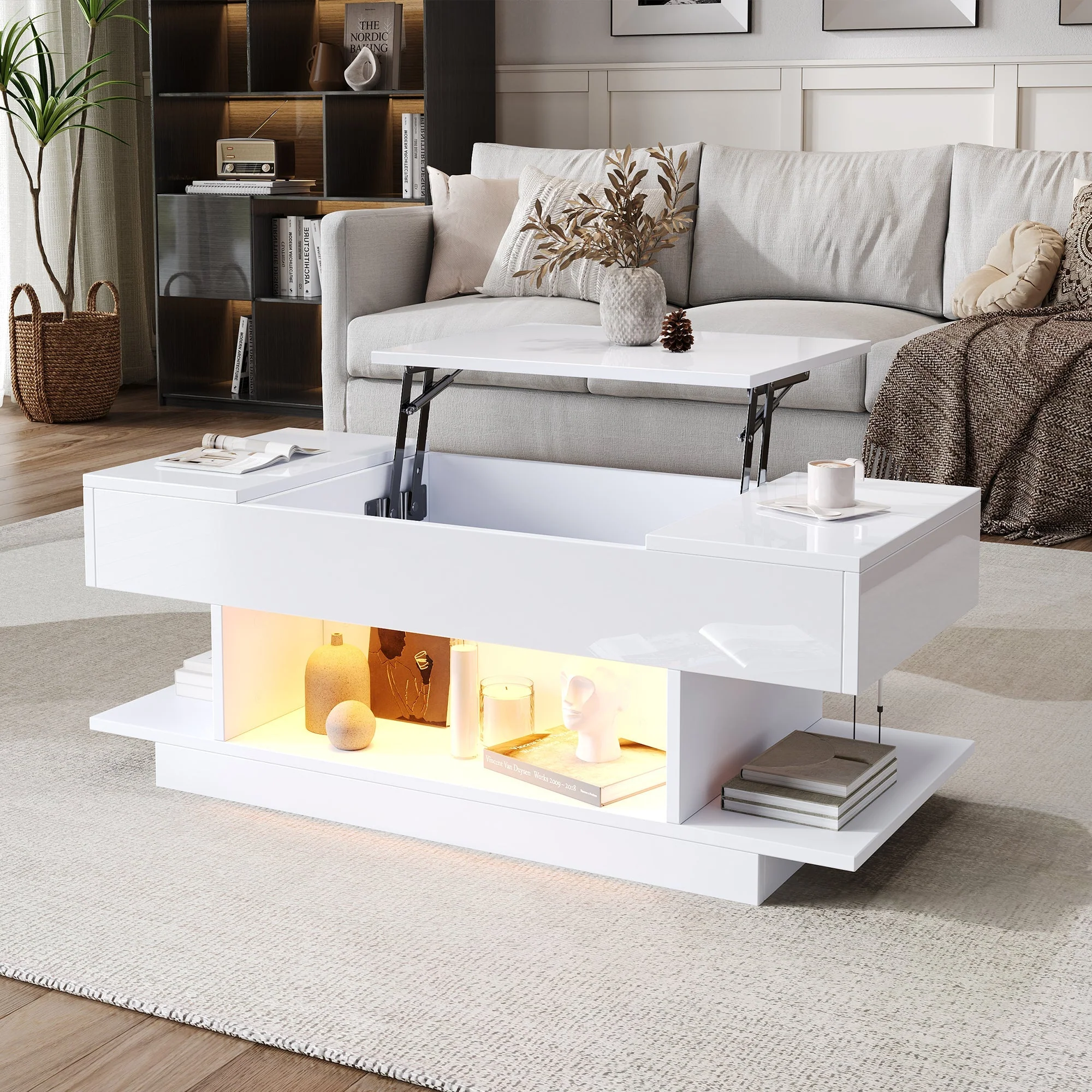 Lift Coffee Table, Height-Adjustable Storage LED, High-Gloss White - Image 4