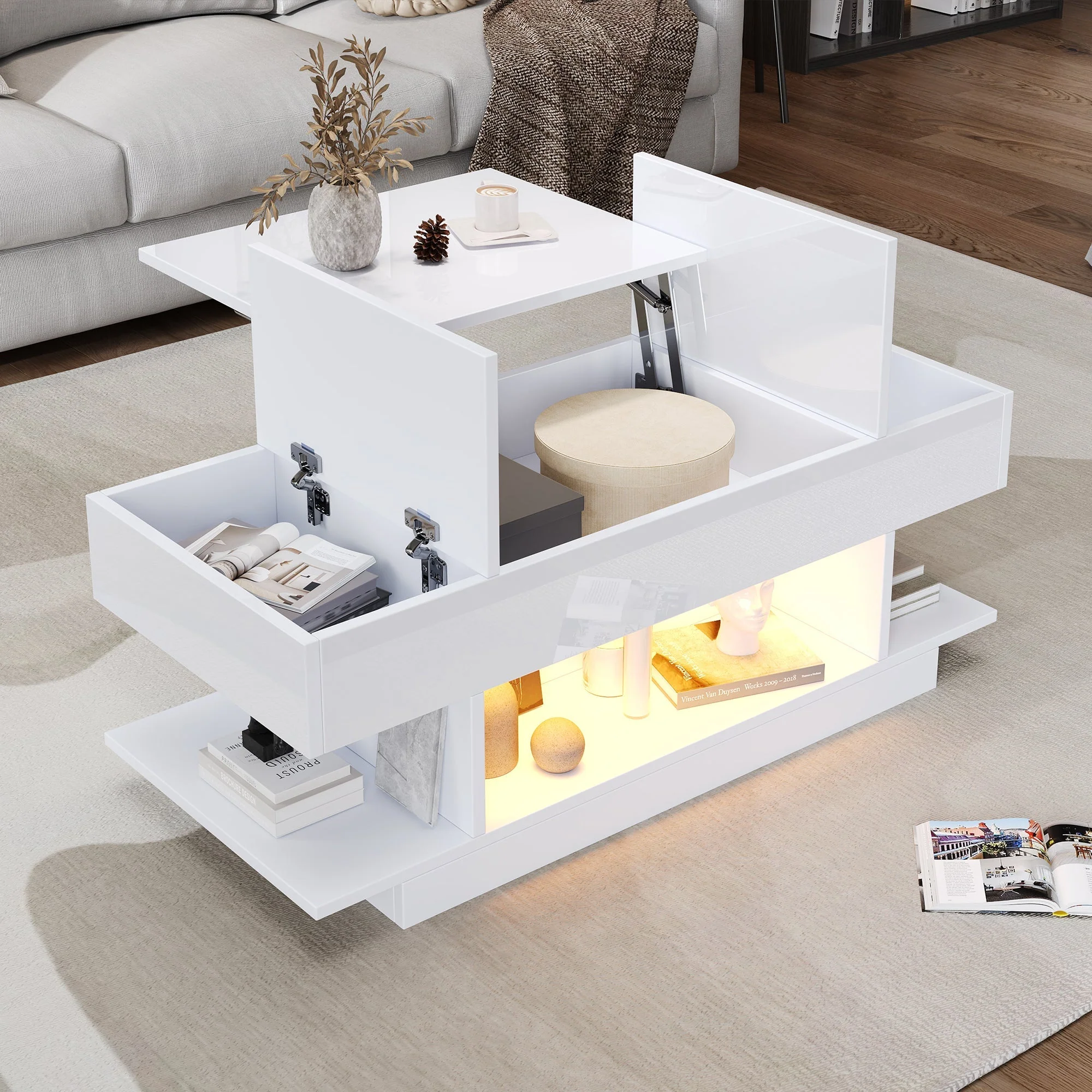 Lift Coffee Table, Height-Adjustable Storage LED, High-Gloss White - Image 6