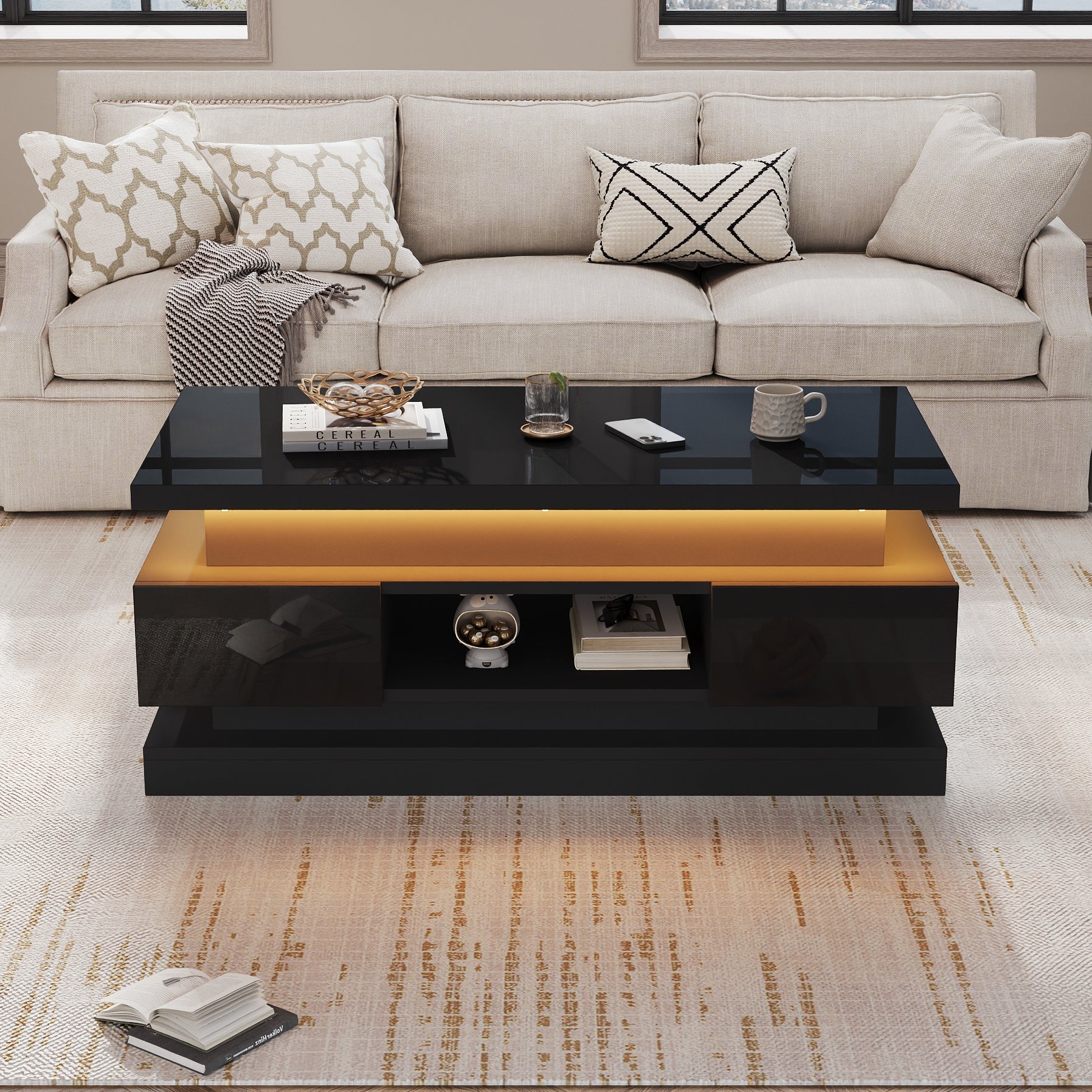 Lift-Top Coffee Table High-Gloss with LED Lighting 2 Drawers Hidden Storage Black Chipboard - Image 2