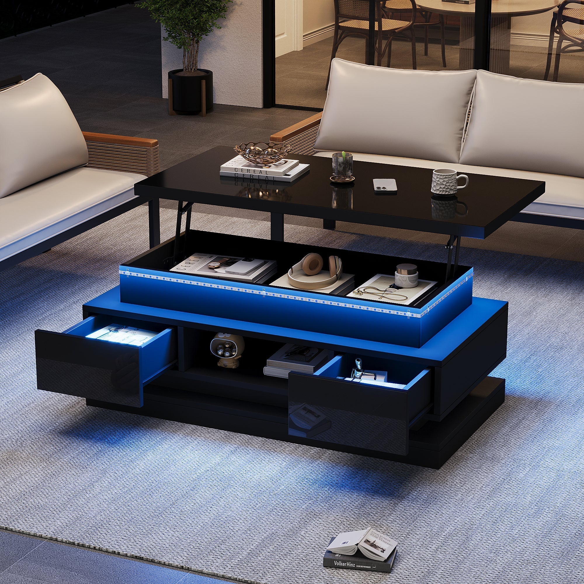 Lift-Top Coffee Table High-Gloss with LED Lighting 2 Drawers Hidden Storage Black Chipboard - Image 5