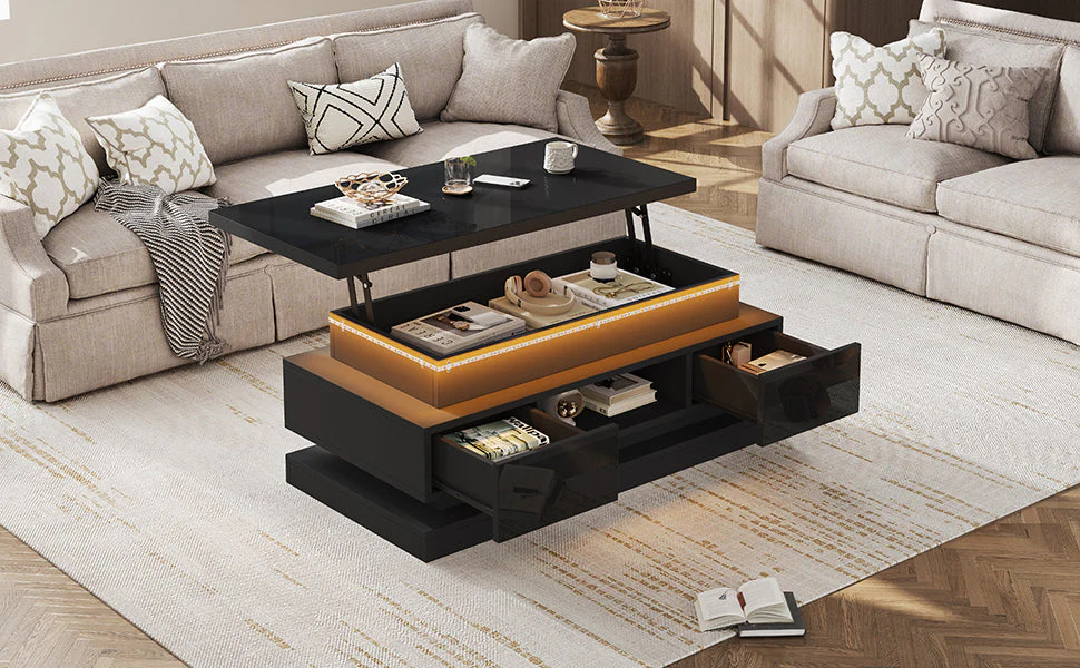 Lift-Top Coffee Table High-Gloss with LED Lighting 2 Drawers Hidden Storage Black Chipboard - Image 7
