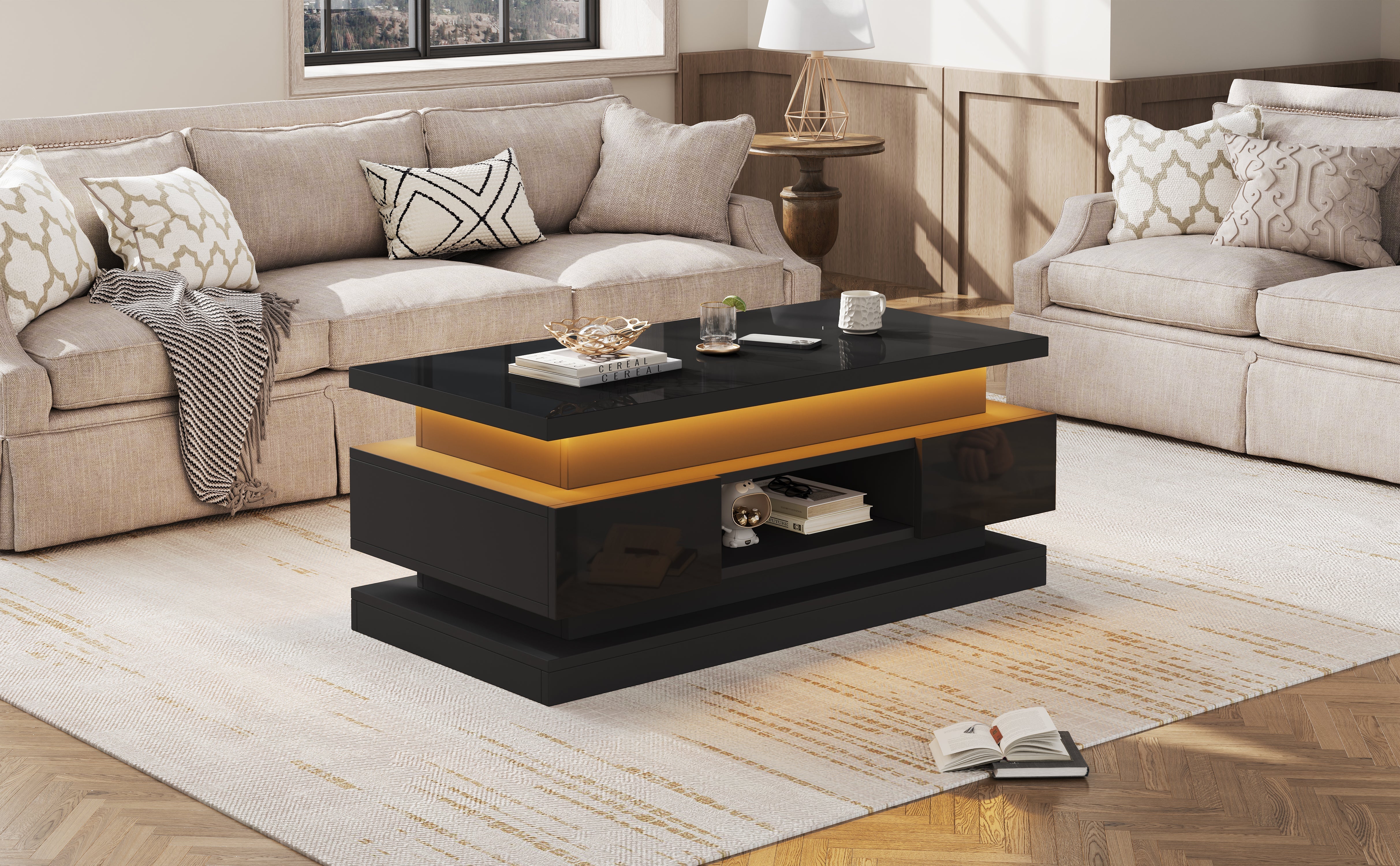 Lift-Top Coffee Table High-Gloss with LED Lighting 2 Drawers Hidden Storage Black Chipboard - Image 9