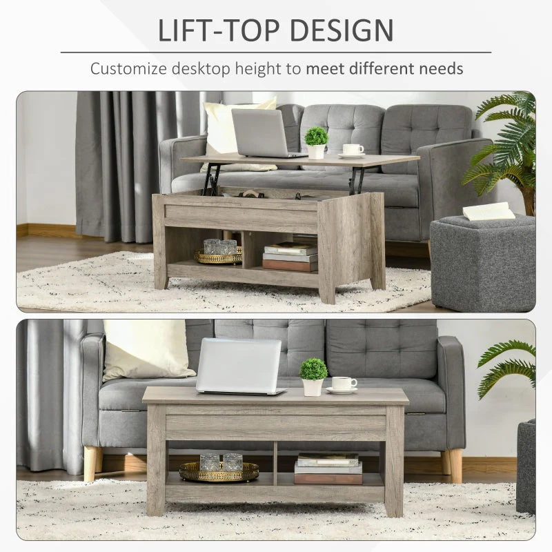Lift Top Coffee Table with Hidden Storage and Open Shelves, Oak Effect - Image 4