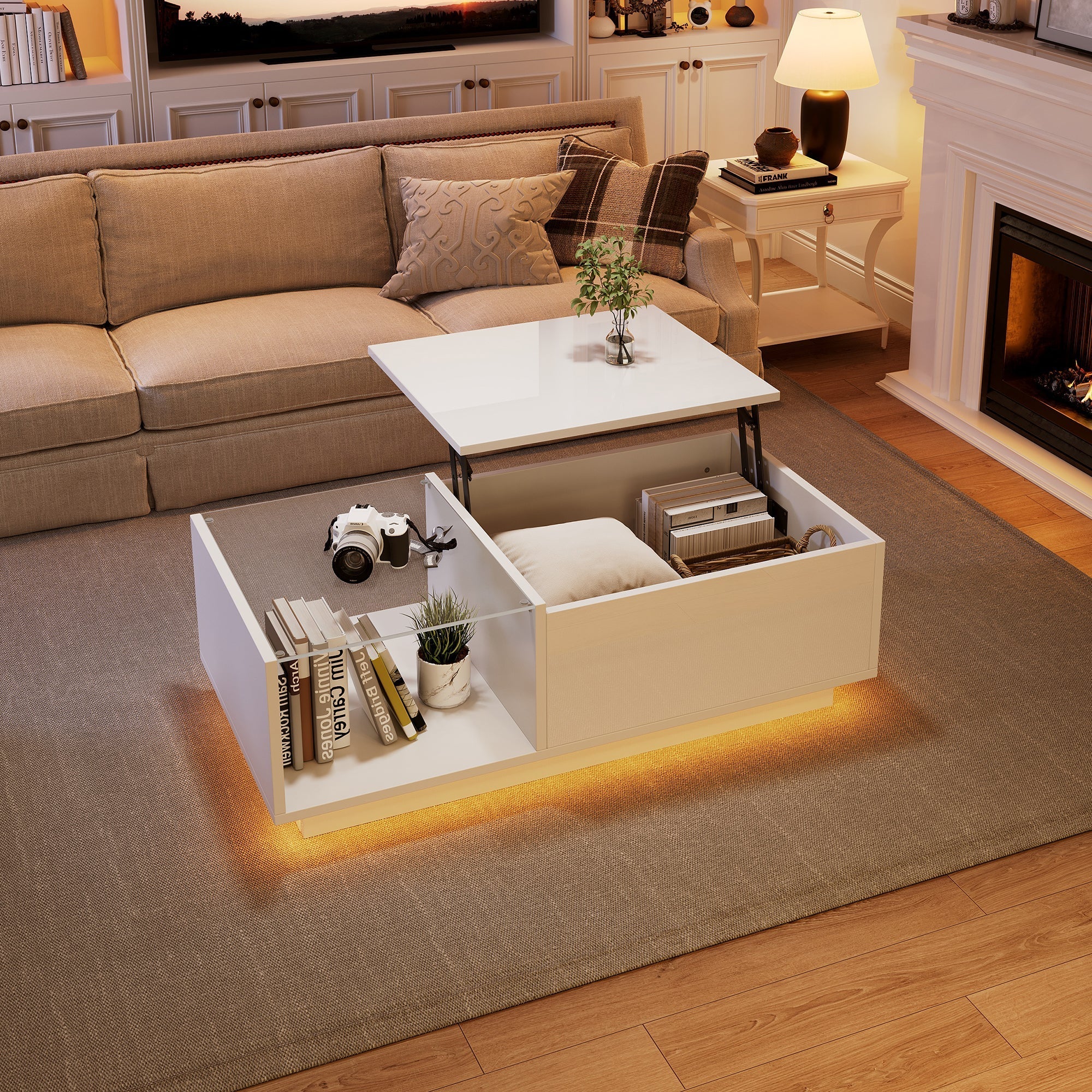 Lift Up Coffee Table Hidden Storage LED High Gloss, White MDF+Glass - Image 2