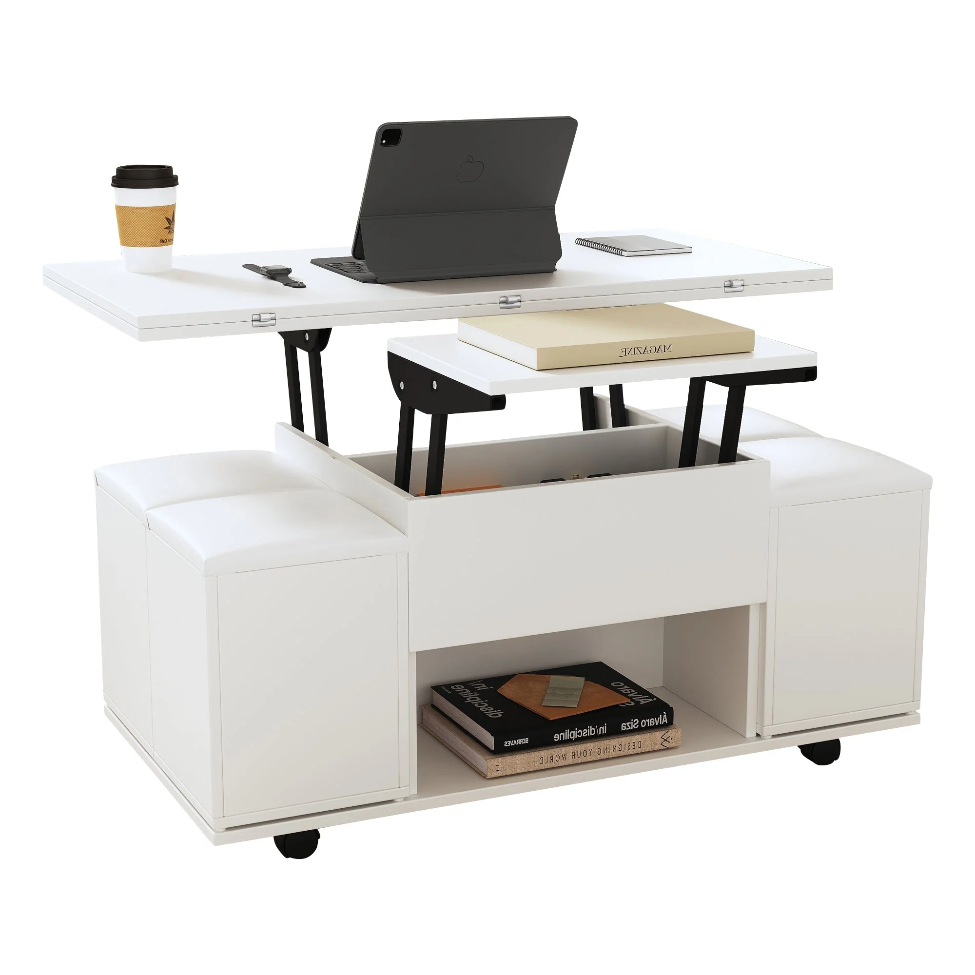 Lift Up Coffee Table with Storage, White - Image 2