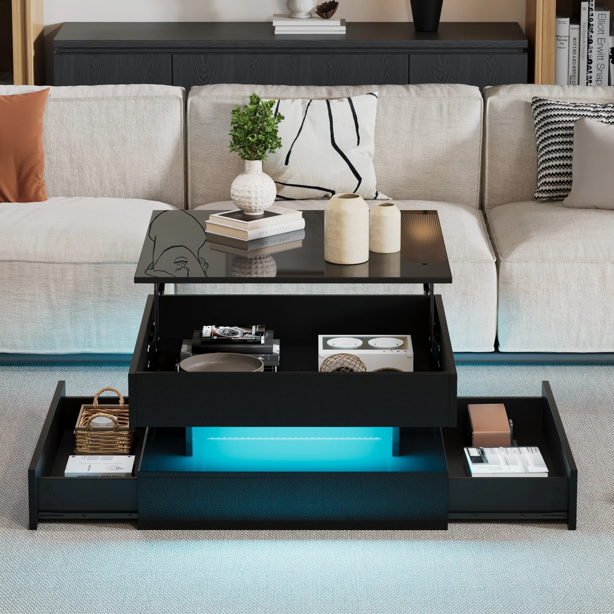 Liftable Coffee Table, 65 x 65 x 38.5 cm, High-Gloss with LED Light Strip, 2 Drawers, Black - Image 3