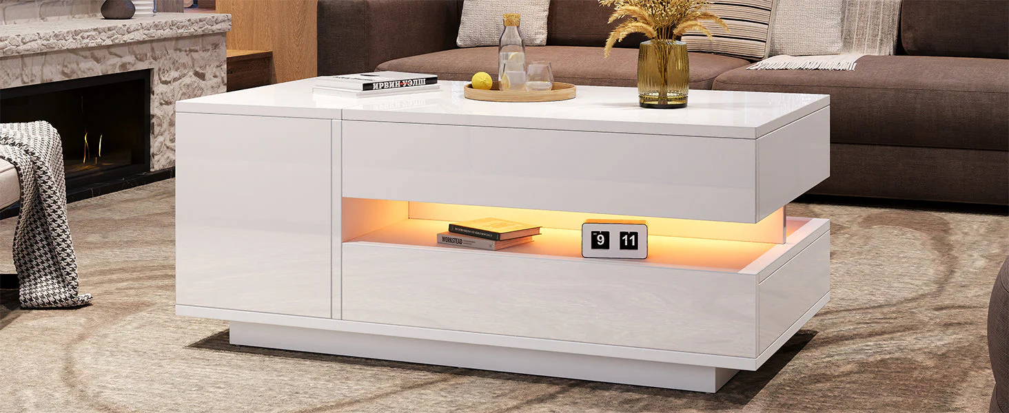 Liftable Coffee Table, 95*50*34.5cm with 1 Drawer & LED, White - Image 8
