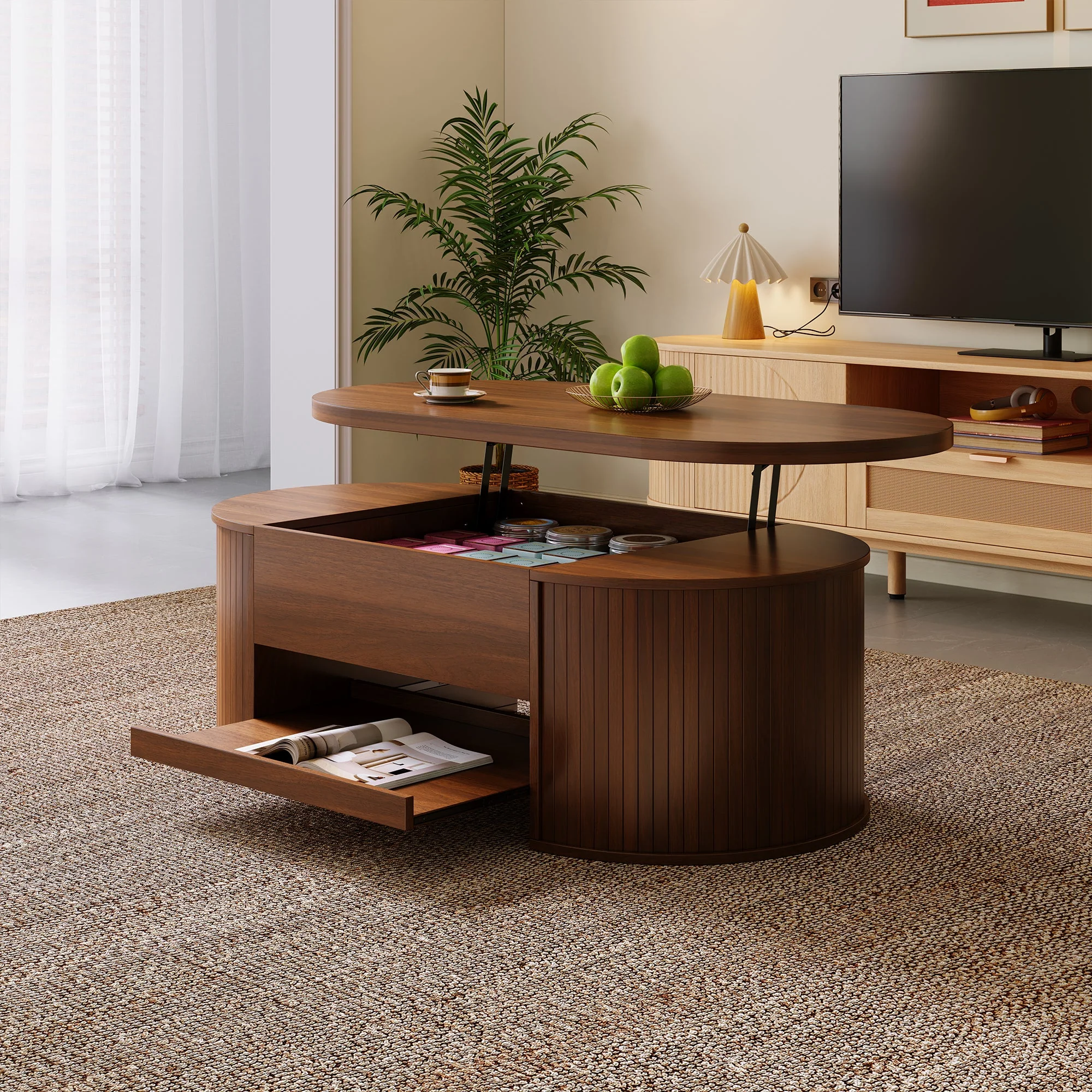 Liftable Coffee Table, Curved Sides Pull-Out Shelf Multifunctional, Wooden - Image 3