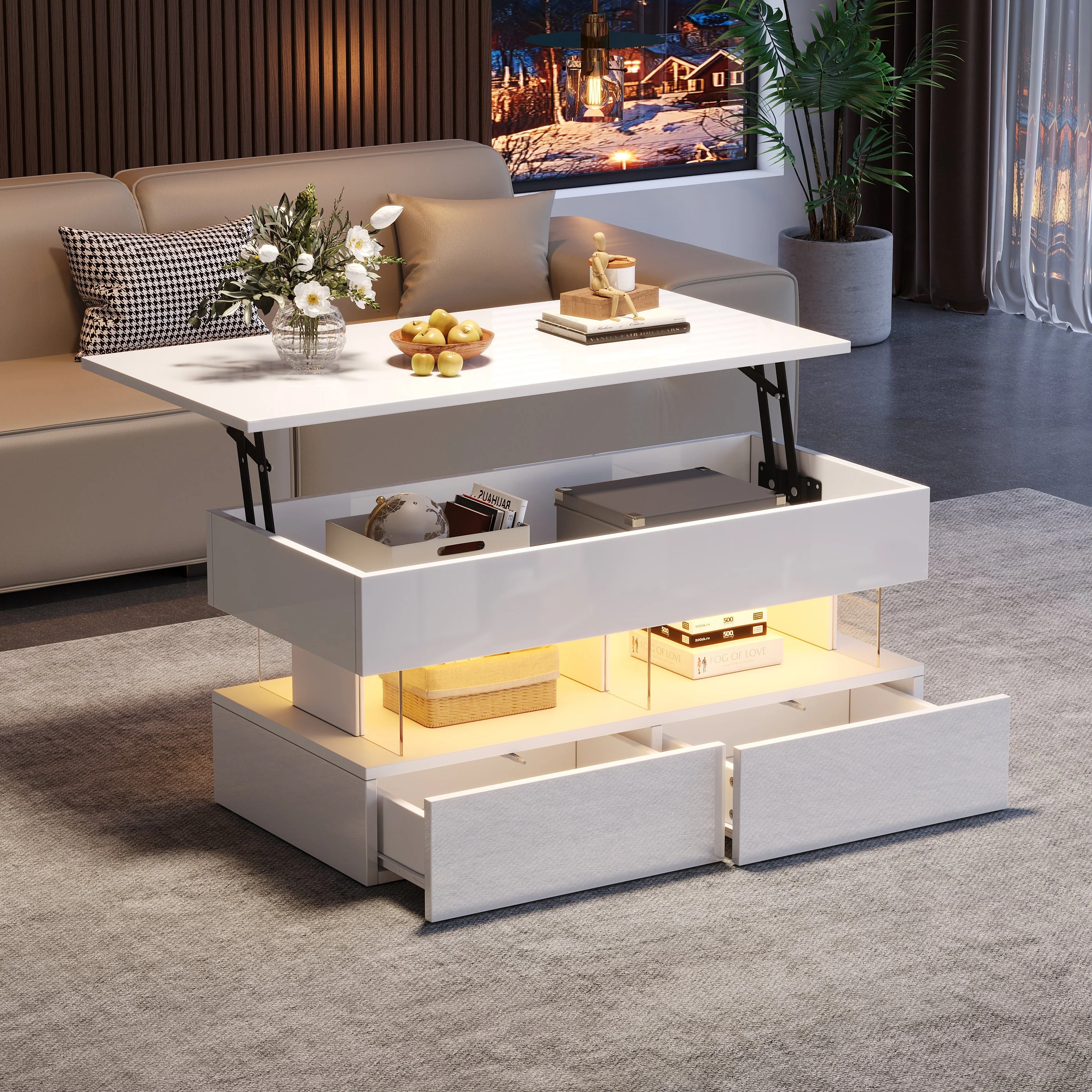 Liftable Coffee Table, Height-Adjustable Hidden Storage LED 2 Drawers, White MDF/Acrylic - Image 6