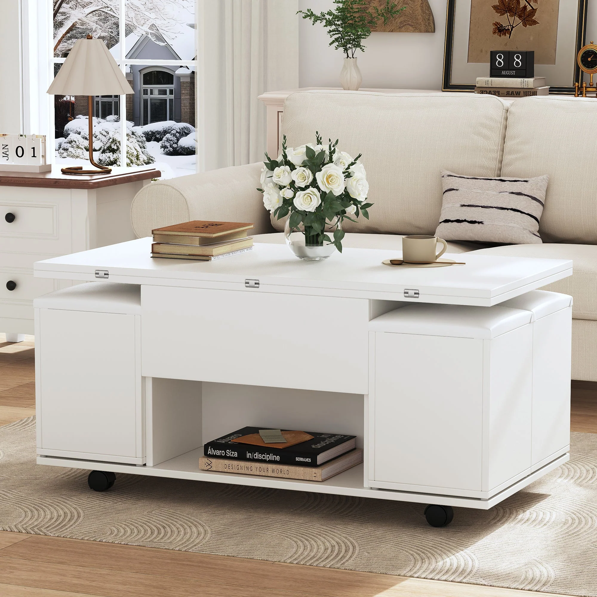 Liftable Coffee Table, Multifunctional with 2 Opening Tabletops, White - Image 6