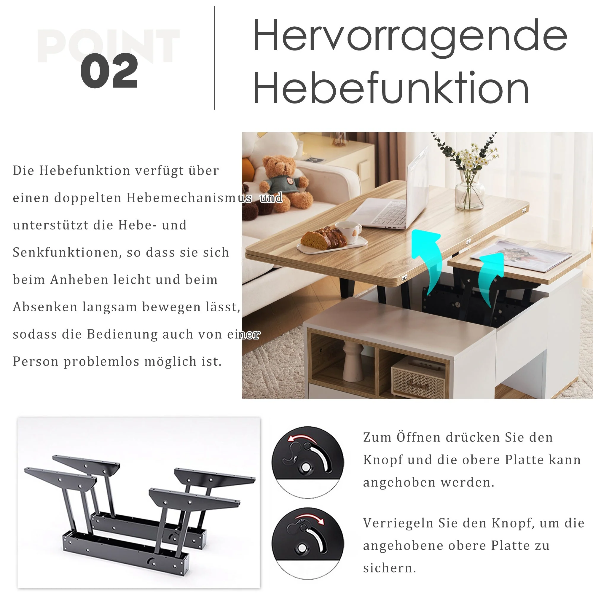 Liftable Coffee Table Opens to 2 Tables Storage - White/Wood - Image 5