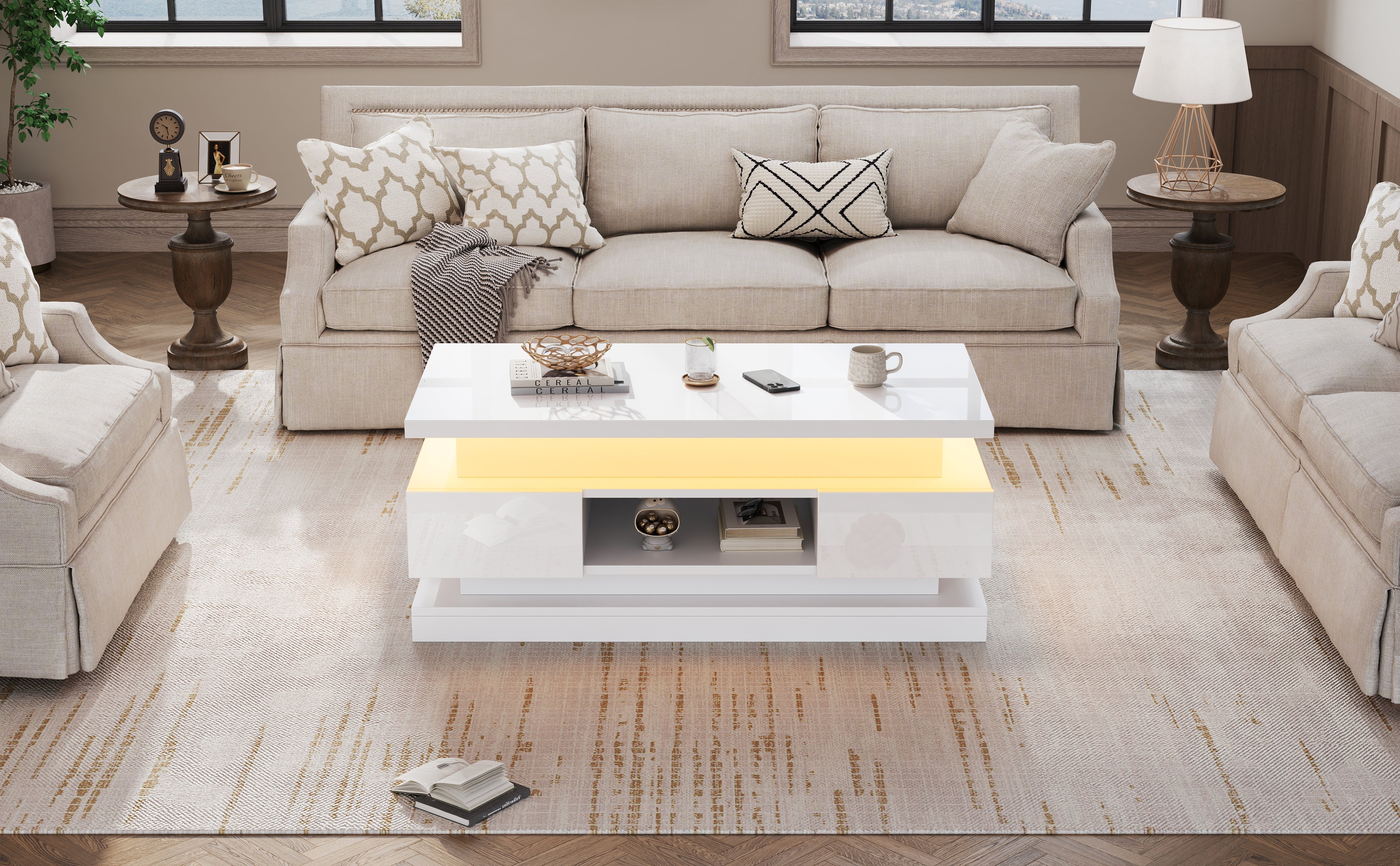 Liftable Coffee Table with 2 Drawers and LED Lighting, White Chipboard - Image 10