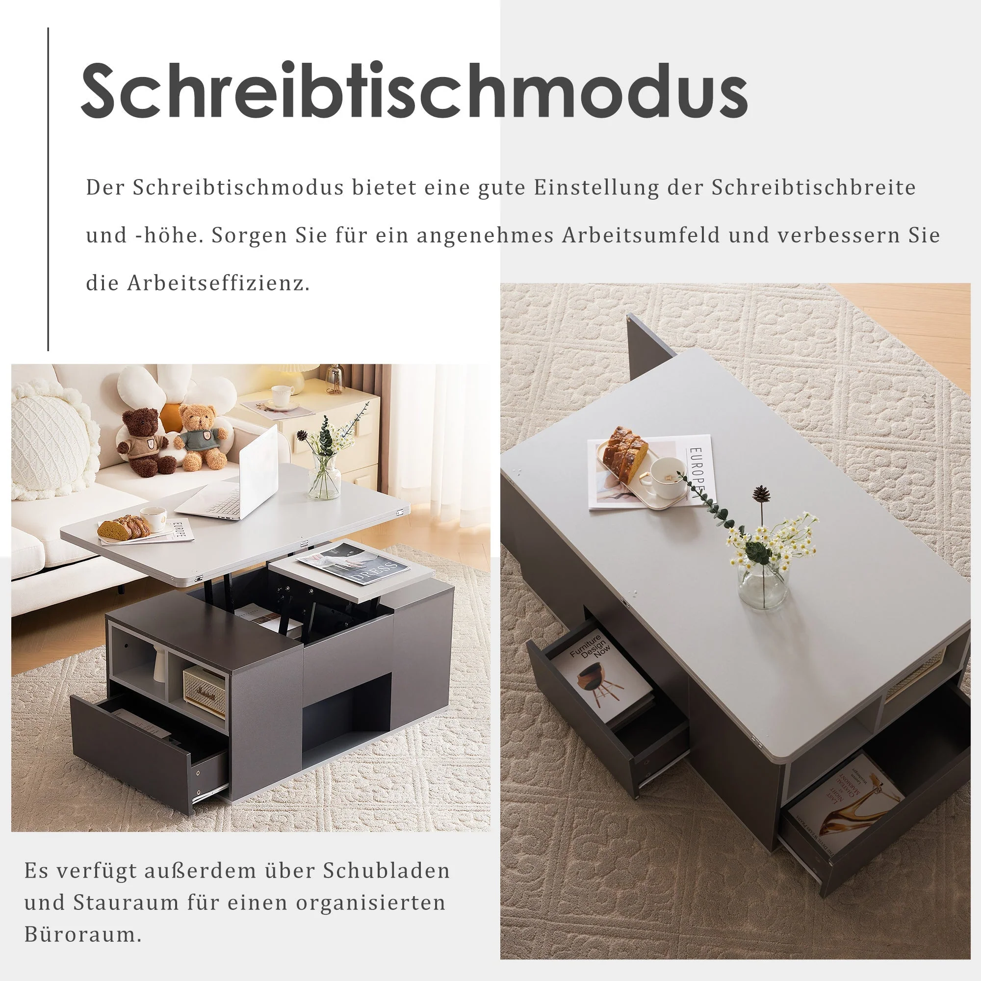 Liftable Multifunctional Coffee Table Opens to 2 Tables Large Capacity - Dark Grey/Light Grey - Image 8