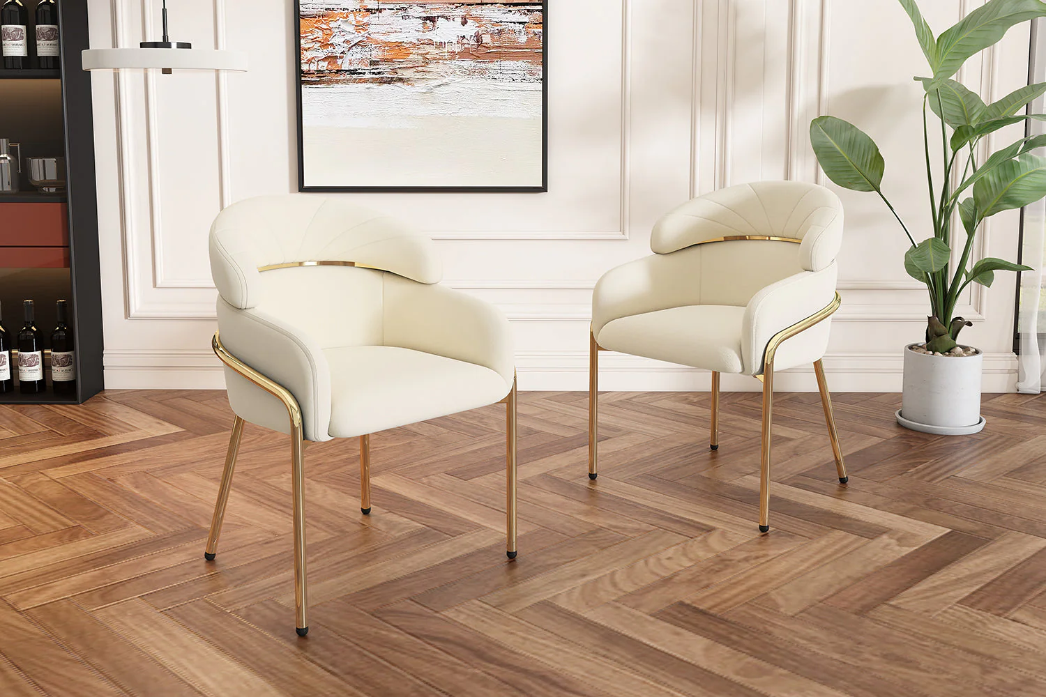 Light Luxury Dining Chair with Metal Legs, Velvet, Beige - Image 10