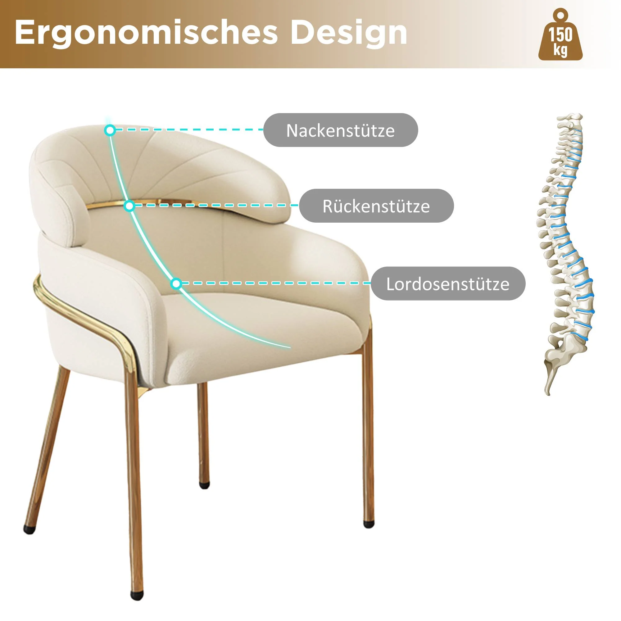 Light Luxury Dining Chair with Metal Legs, Velvet, Beige - Image 5
