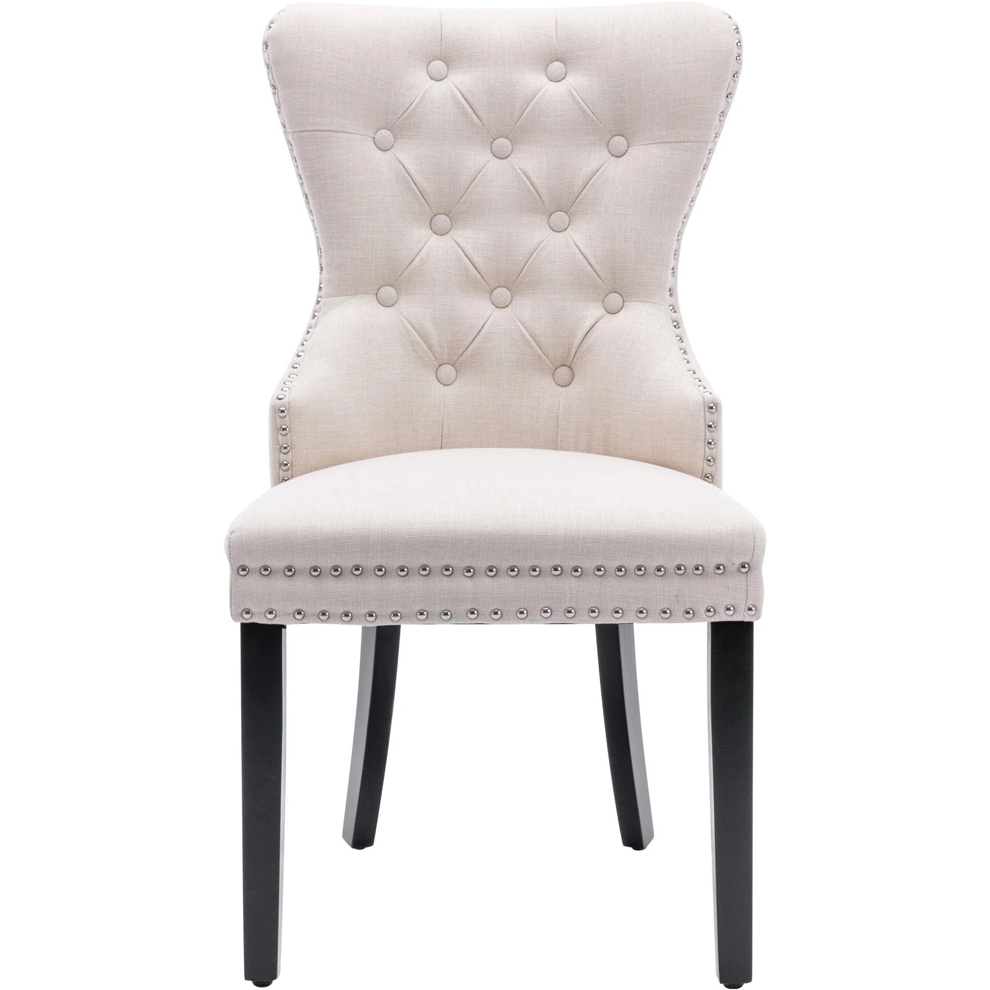 Linen Dining Chair Set of 2 - Oak Legs, Button and Nailhead Trim - Beige Linen - Image 10