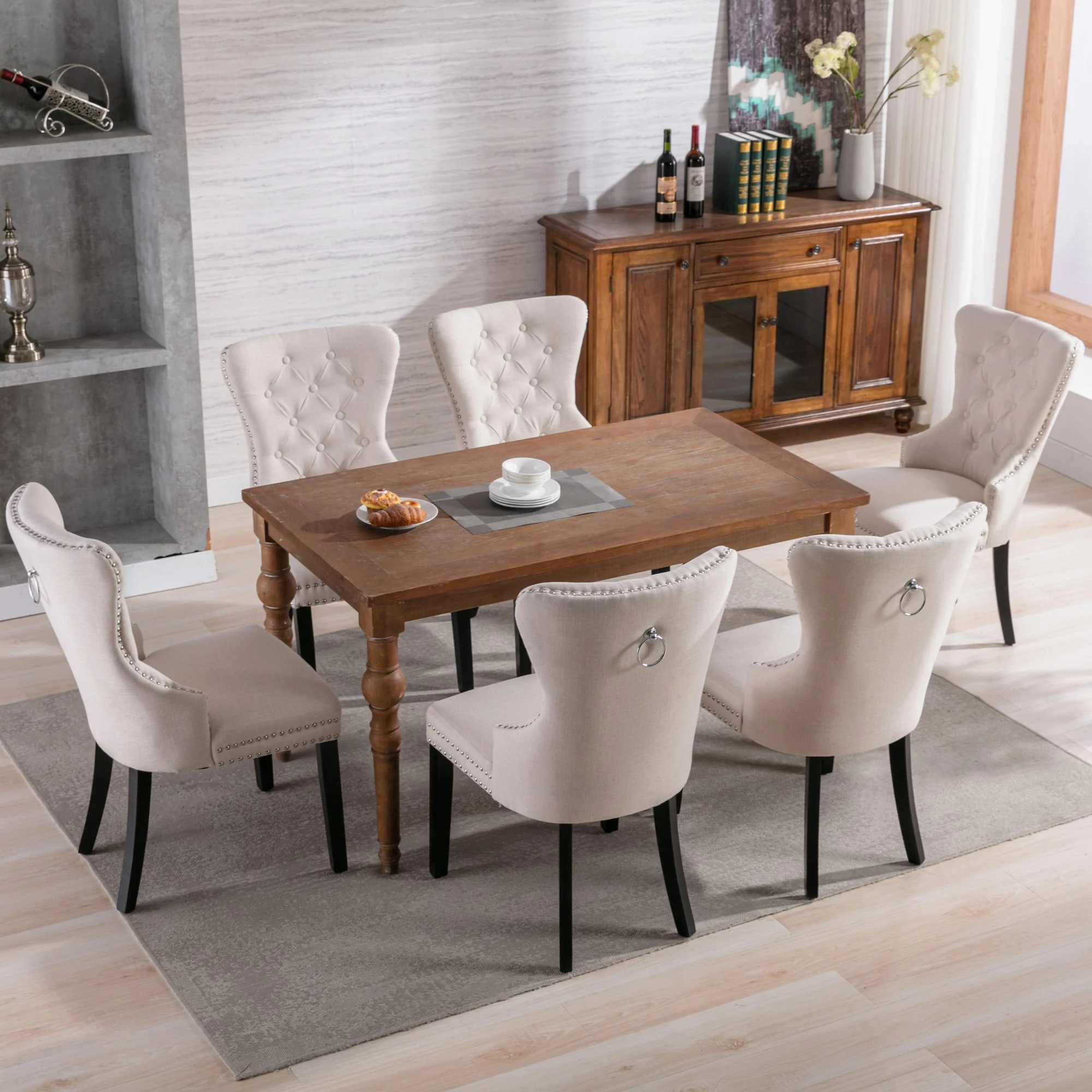 Linen Dining Chair with Oak Legs, Chrome Knocker and Nailhead Trim, Beige (6 Pieces) - Image 4