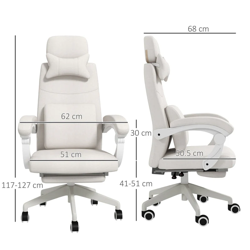 Linen-Look Office Chair 160° Reclining Back Footrest White - Image 3