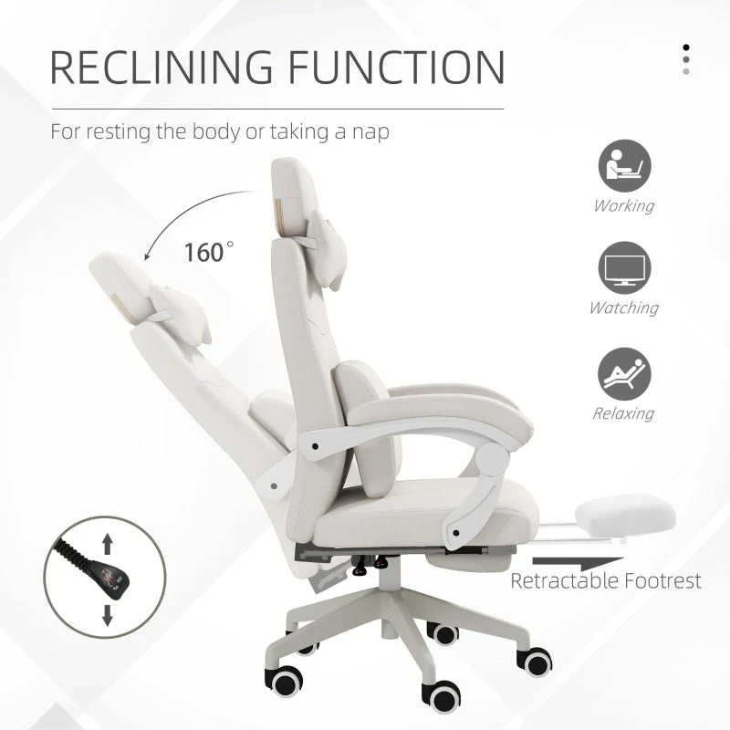 Linen-Look Office Chair 160° Reclining Back Footrest White - Image 6