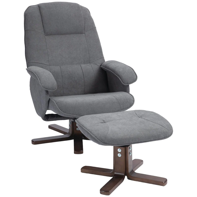 Linen Recliner Chair and Footstool, Swivel Reclining with Wooden Base, Grey - Image 2