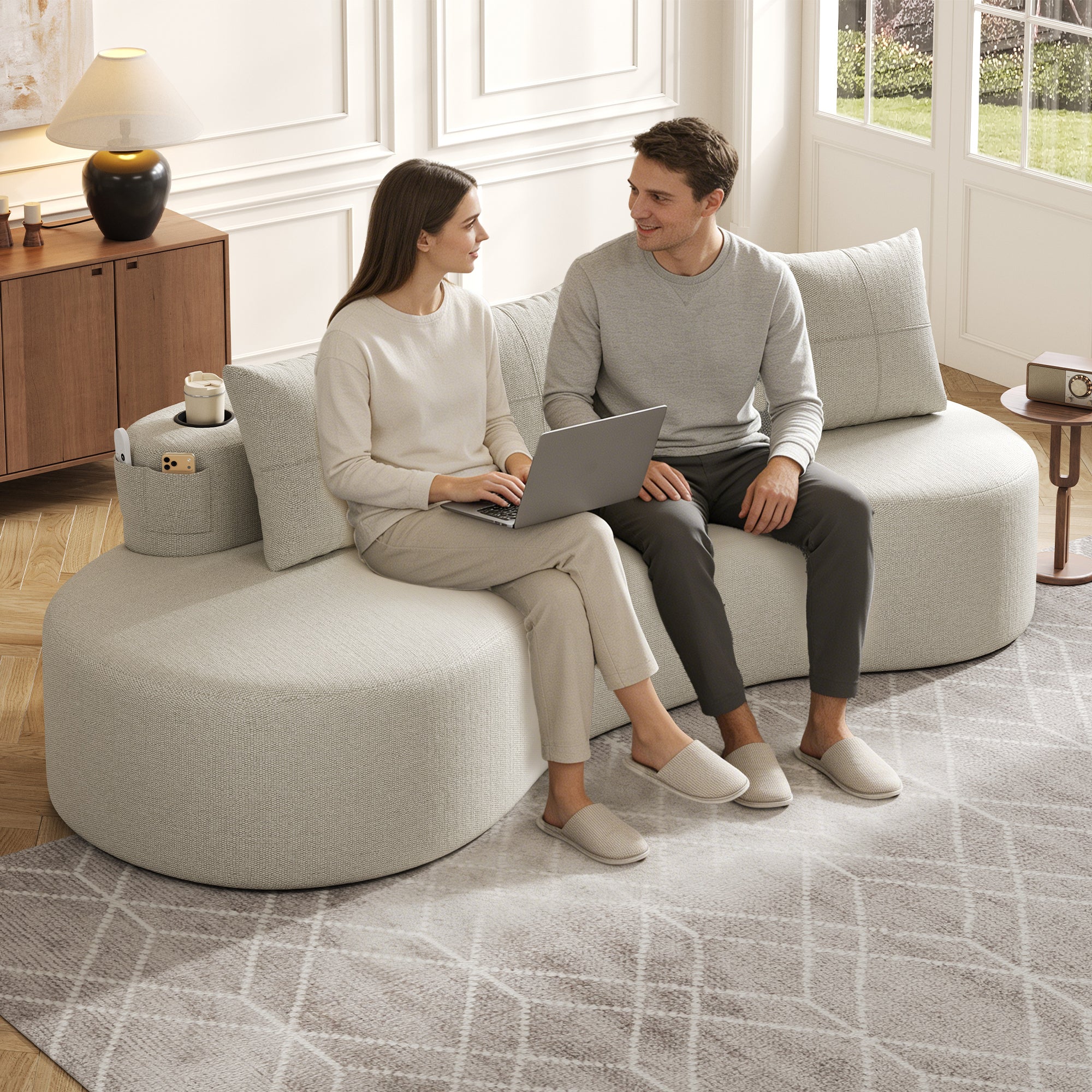 Linen Sofa with 4 Cushions, Cup Holder and Side Pocket, Beige - Image 2