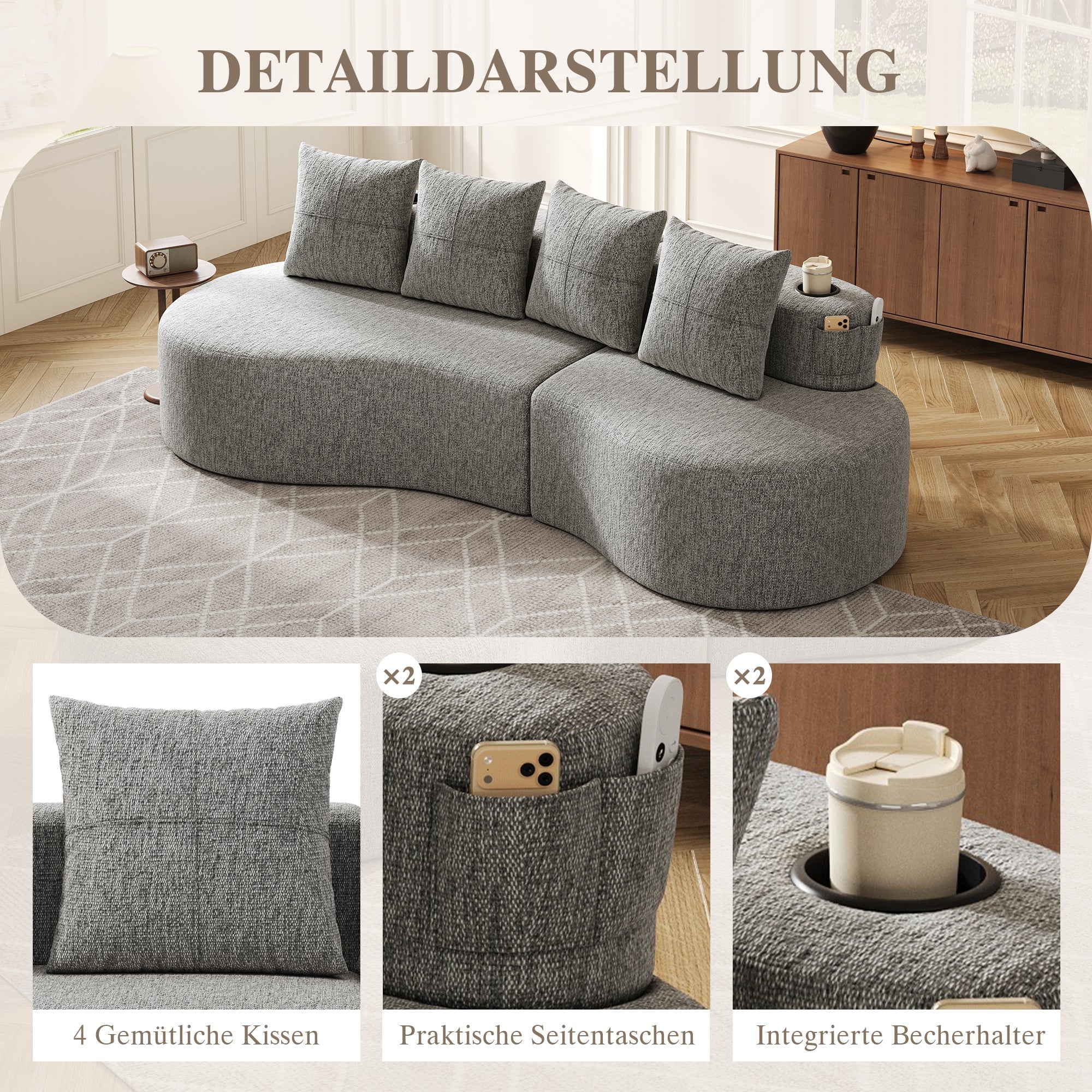 Linen Sofa with 4 Cushions, Cup Holder and Side Pocket, Light Grey - Image 7