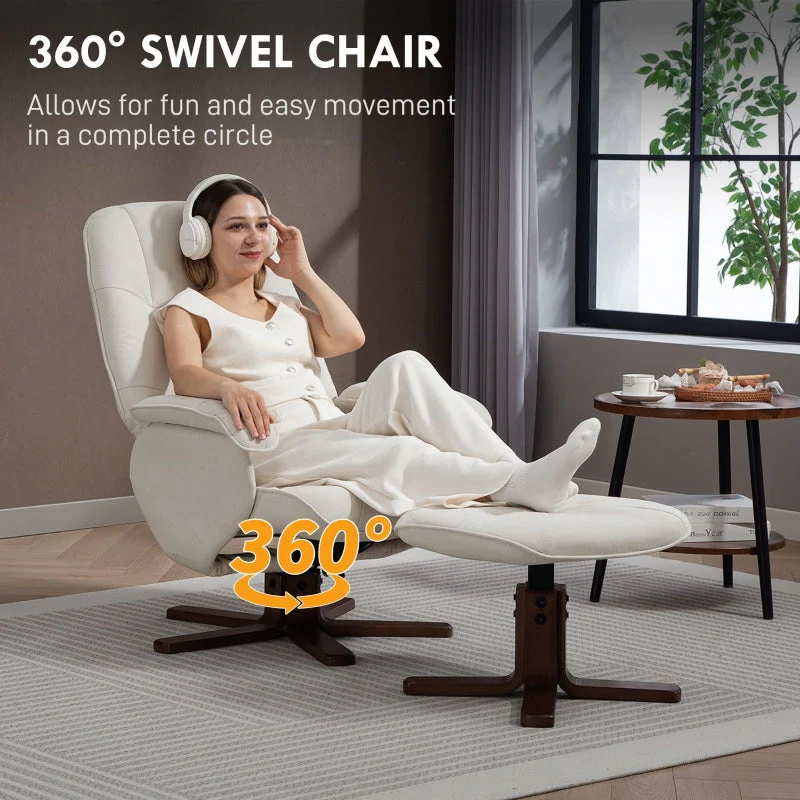 Linen Swivel Recliner Chair with Footstool, Upholstered Reclining Armchair, Beige - Image 5