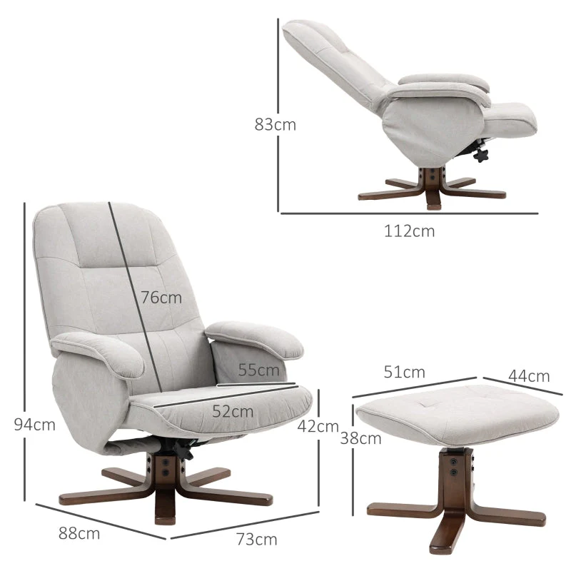 Linen Swivel Recliner Chair with Footstool, Wooden Base, Light Grey - Image 3