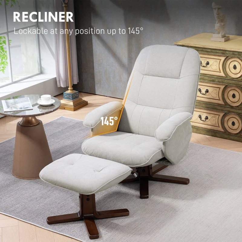 Linen Swivel Recliner Chair with Footstool, Wooden Base, Light Grey - Image 4