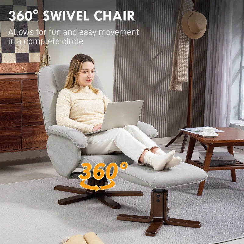 Linen Swivel Recliner Chair with Footstool, Wooden Base, Light Grey - Image 5