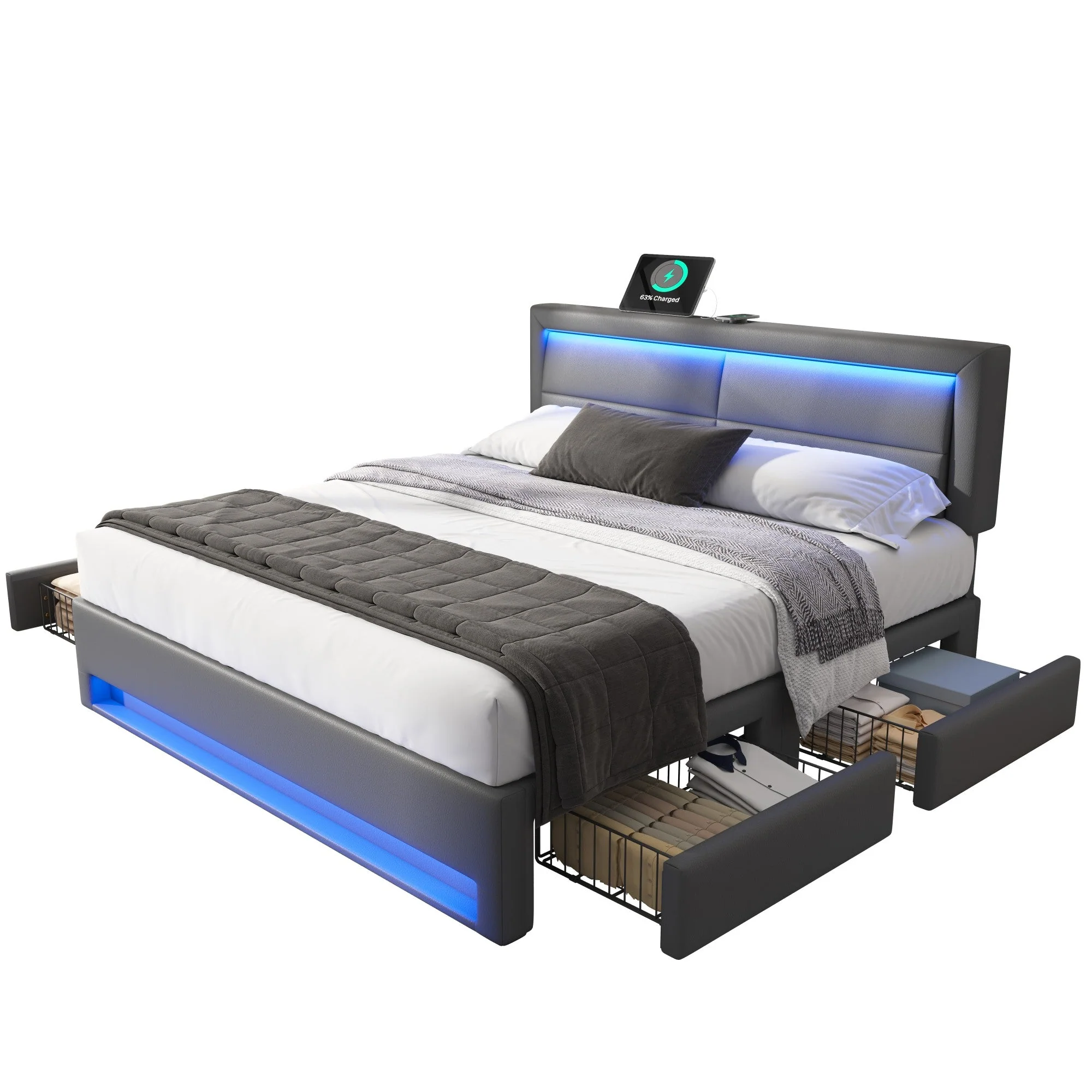 Lit capitonné 140x190cm, USB Charging, LED, Four Drawers, PU Litchi Gray - Image 7