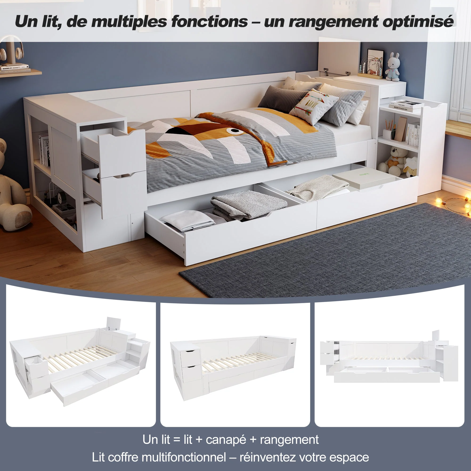 Lit Enfant Simple avec Tiroirs et Rangement, 90x190cm, Blanc - Image 8