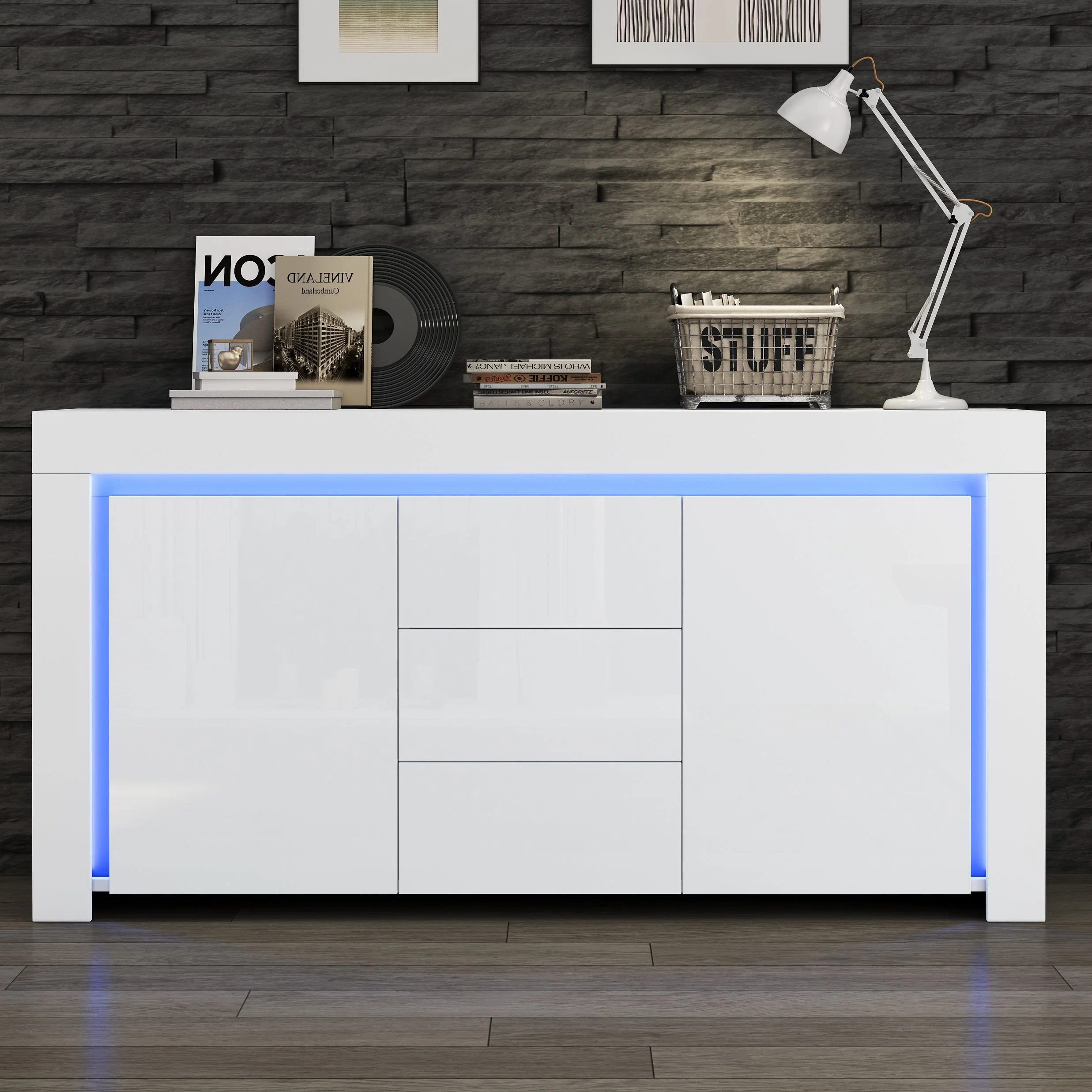 Living Room Cabinet 140cm 3 Drawers 2 Doors LED High-Gloss White