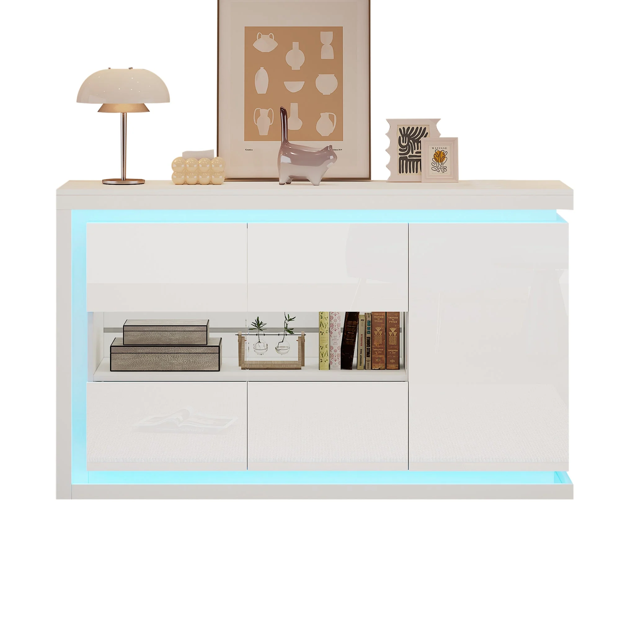 Living Room Cabinet, 140cm, 4 Compartments, High-Gloss, LED, Tempered Glass Doors - Image 5