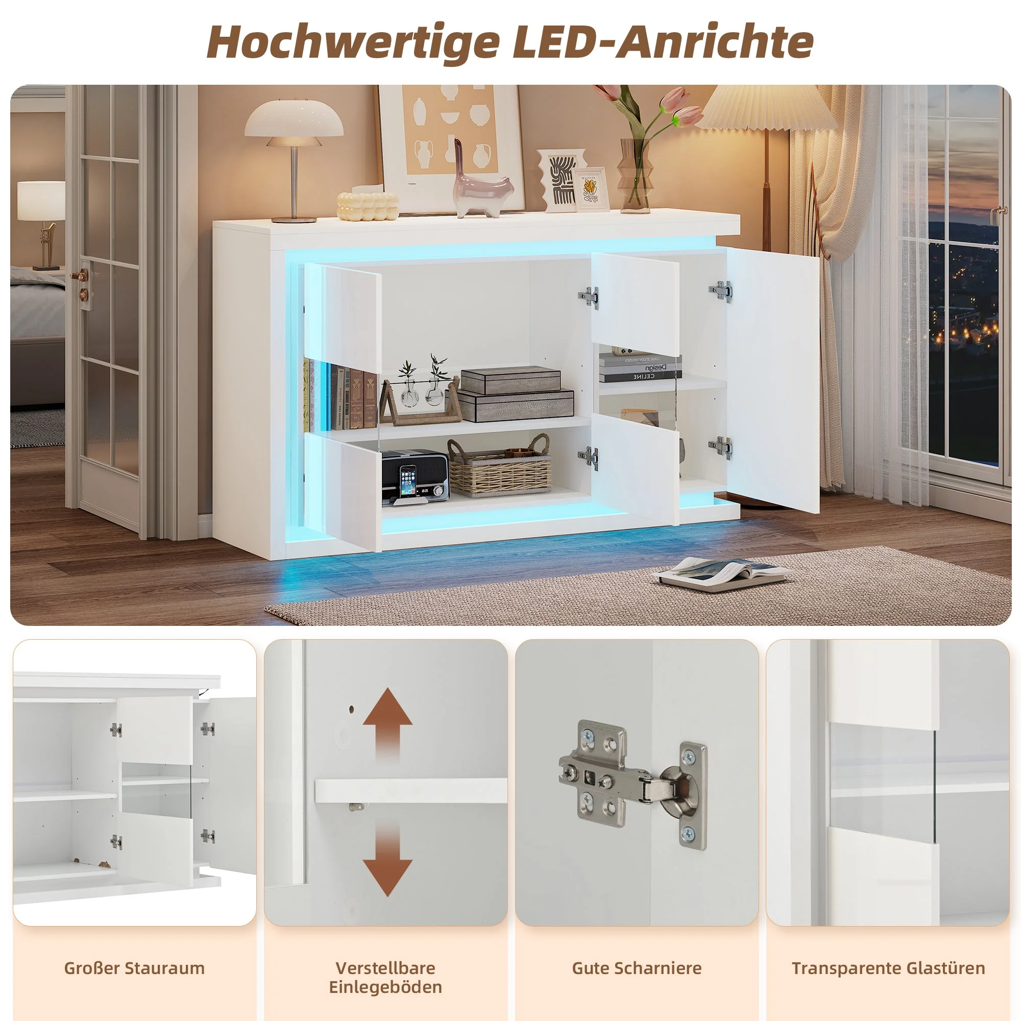 Living Room Cabinet, 140cm, 4 Compartments, High-Gloss, LED, Tempered Glass Doors - Image 9