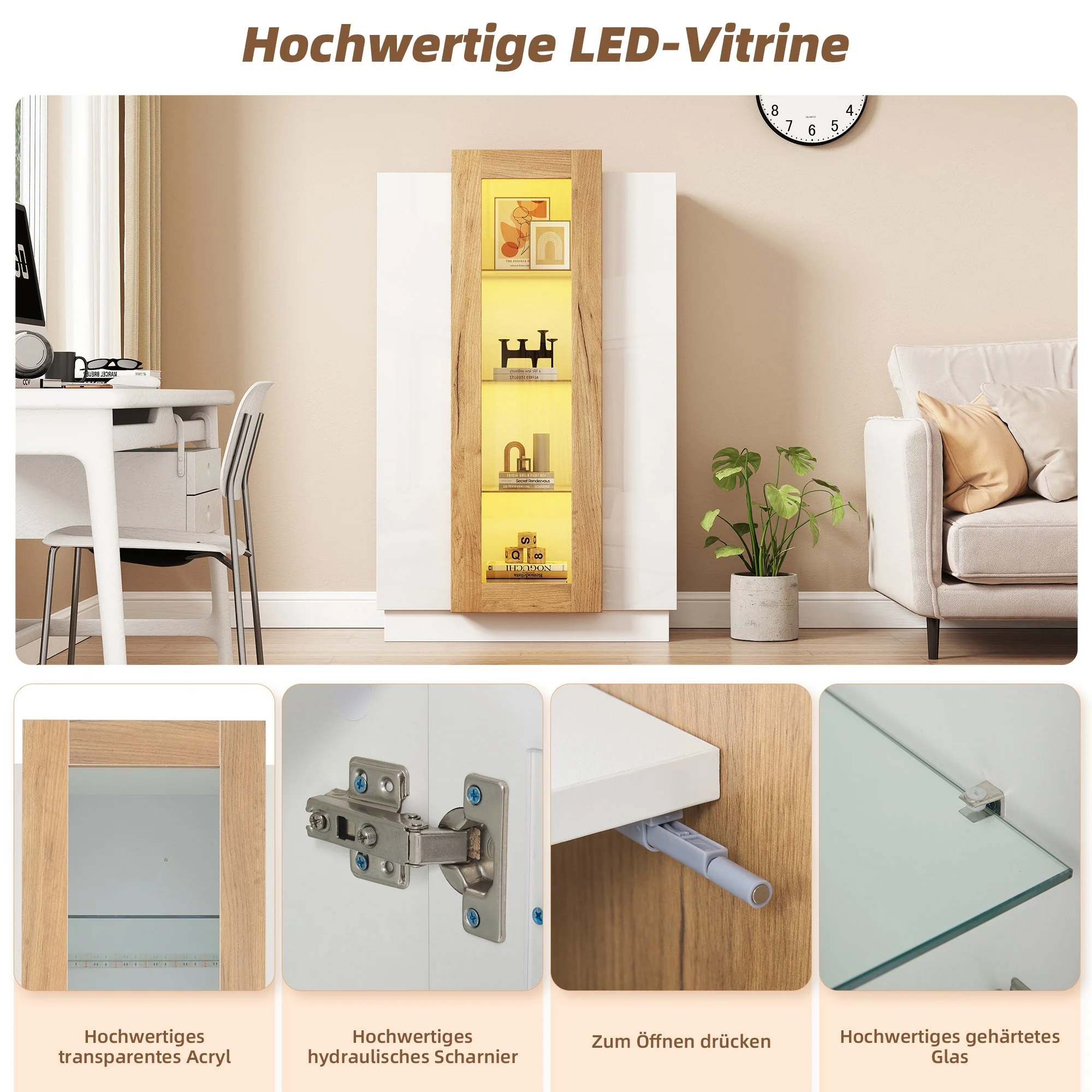 Living Room Cabinet, 3-Door High-Gloss LED Display, Glass Shelves & Drawer, Transparent - Image 5