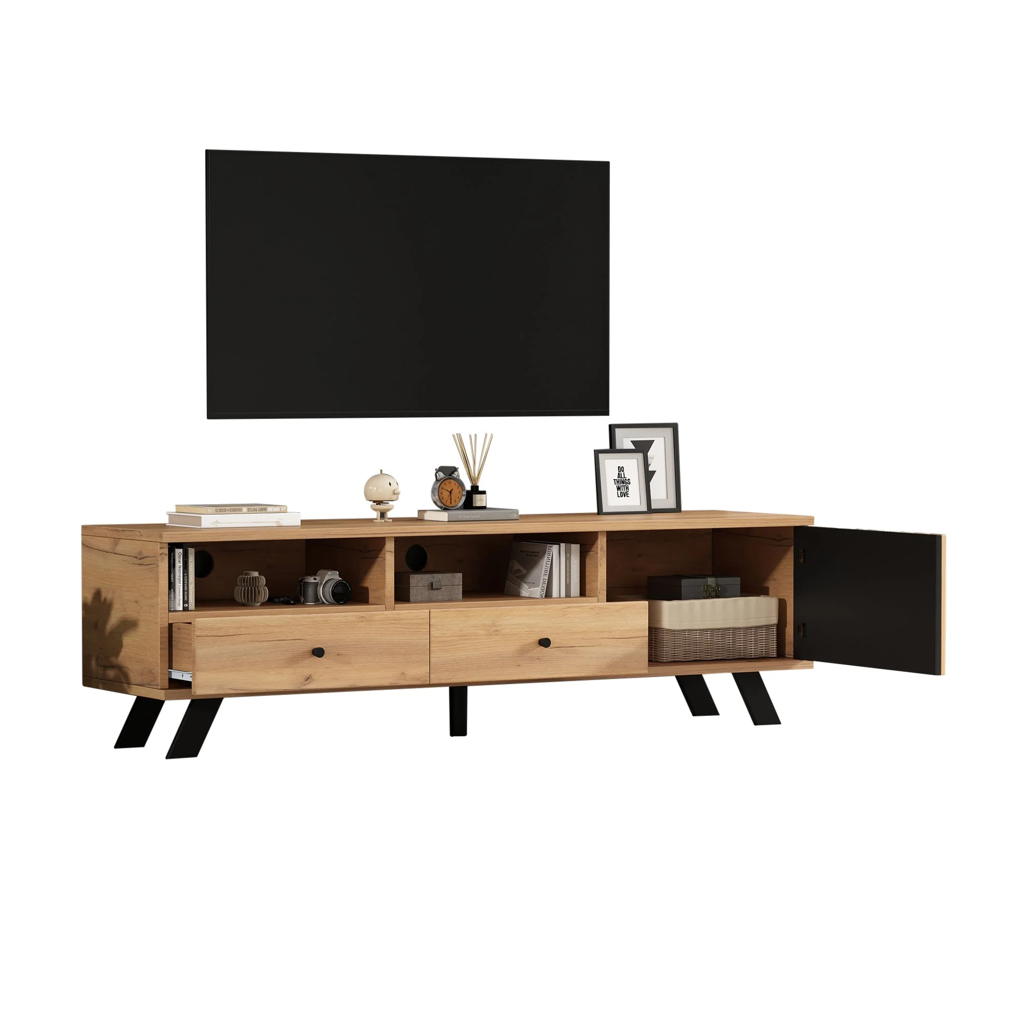 Living Room Combination, 120cm Sideboard + 150cm TV Cabinet, 5-Tier Storage, Solid Black Wood - Image 5