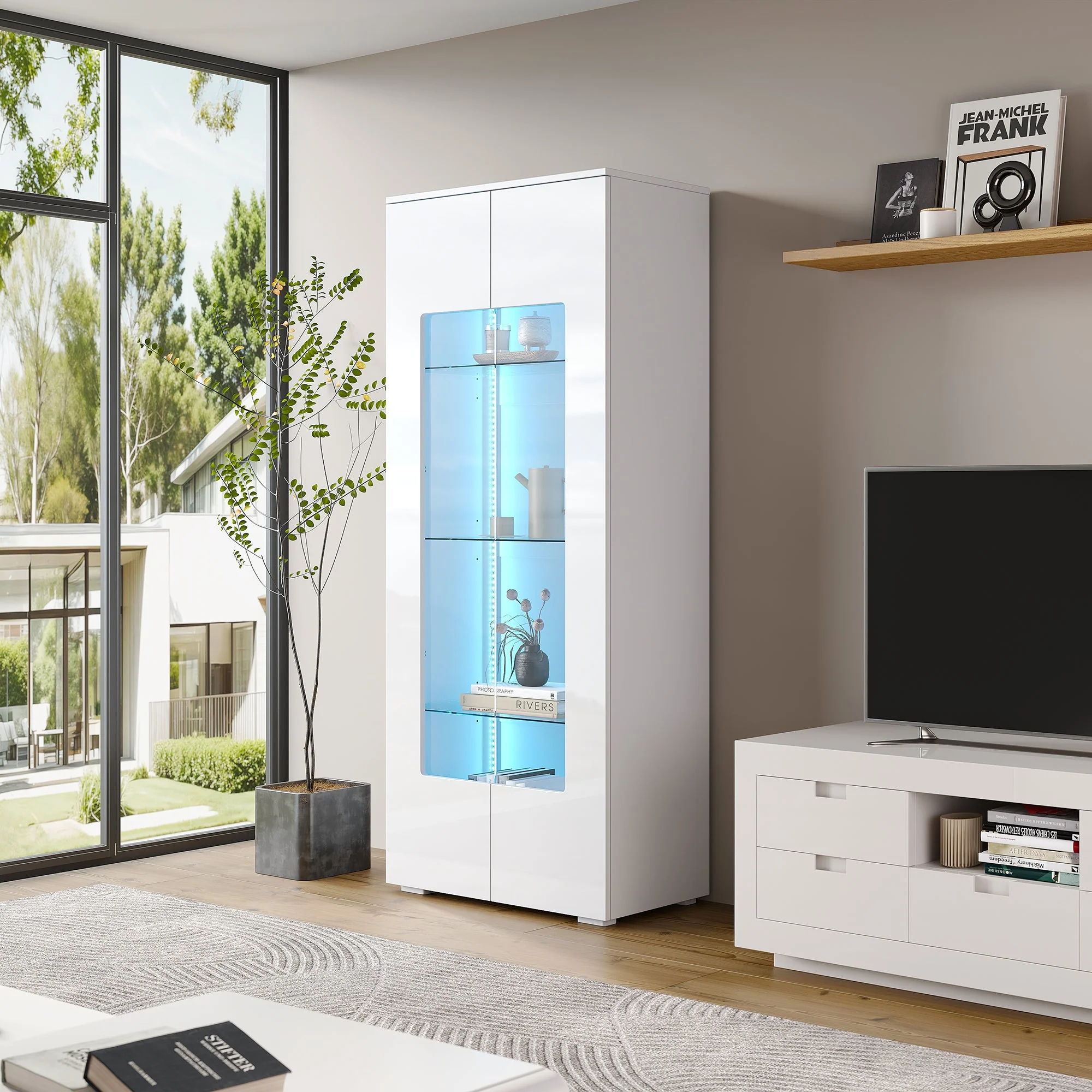 Living Room Display Cabinet, 2 Acrylic Doors, LED Light Strip, Tempered Glass, White MDF - Image 4