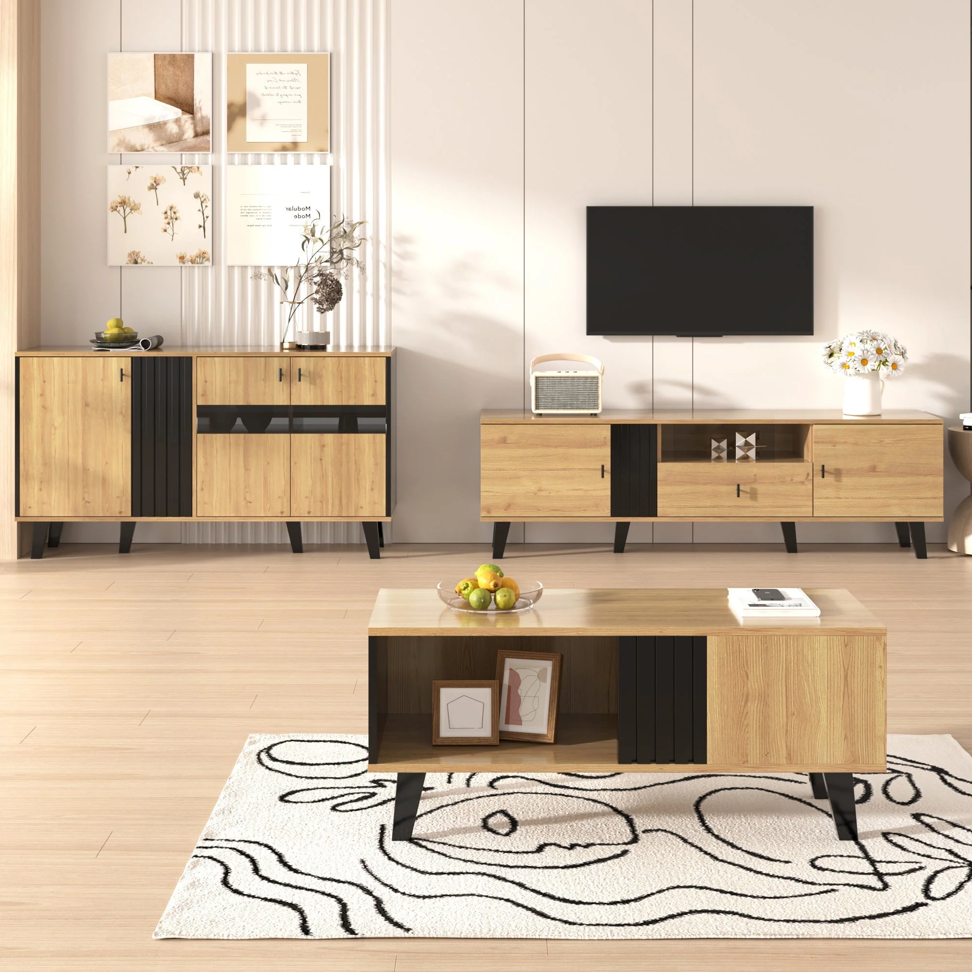 Living Room Furniture Set - Coffee Table, TV Cabinet & Sideboard, Modern, Wood & Black - Image 4