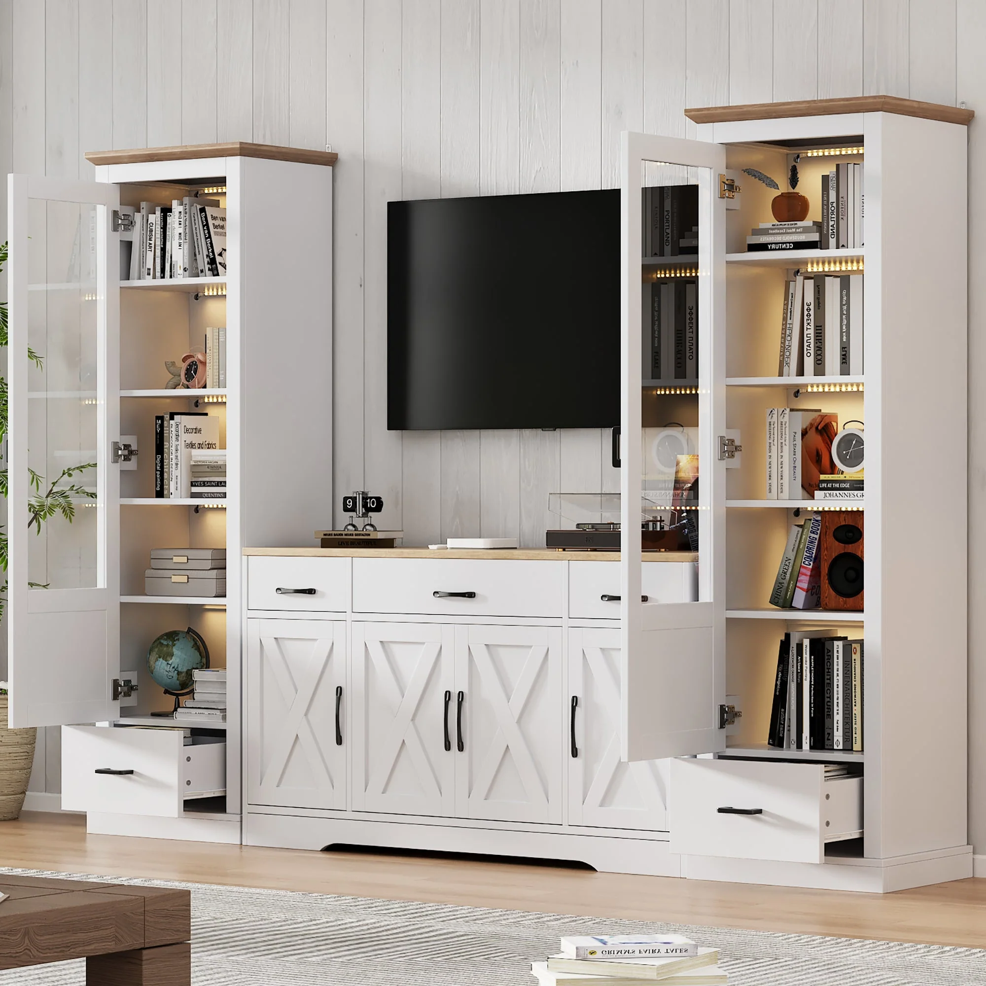 Living Room Set Combo, LED Display Cabinets and Multifunctional Sideboard, Matte White - Image 2