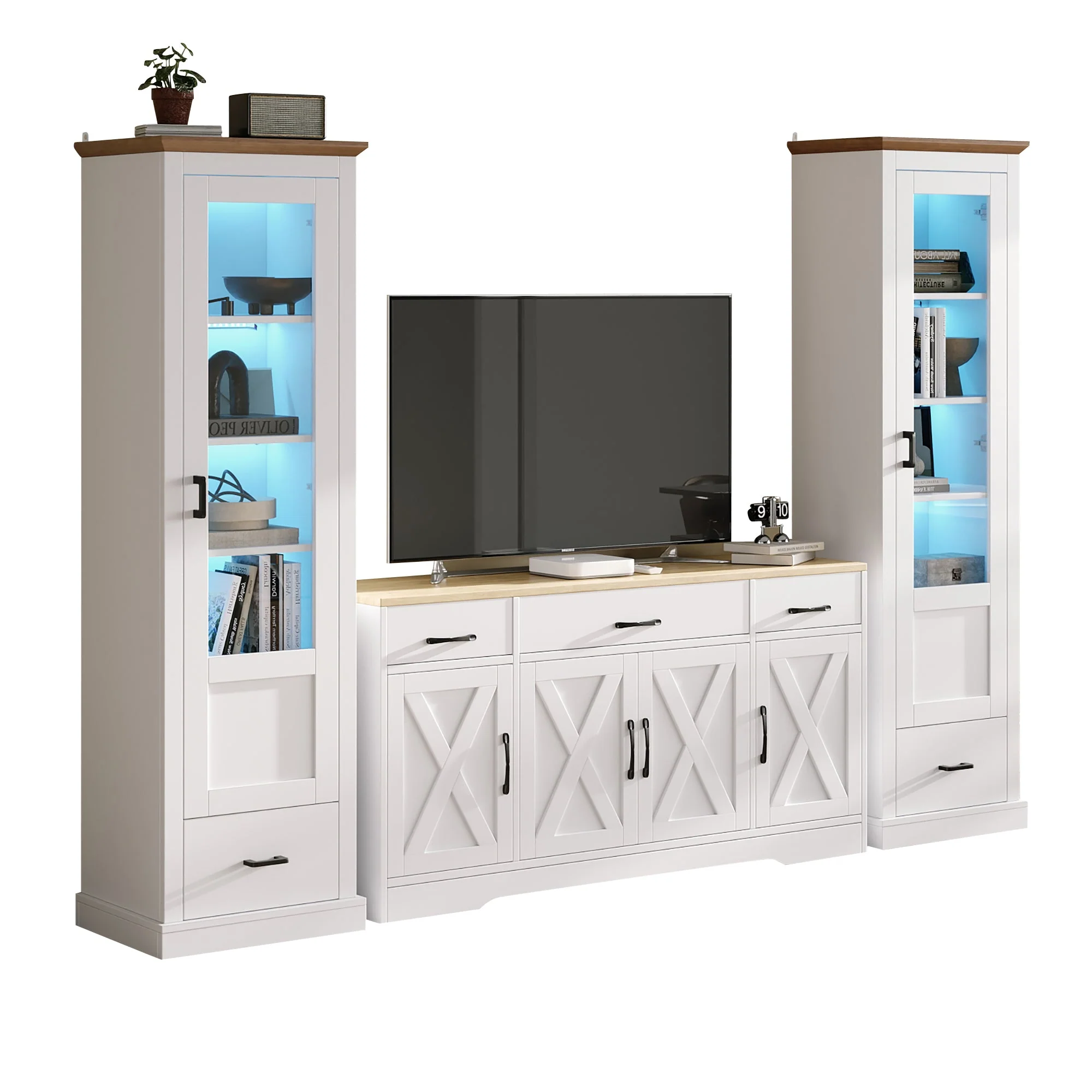 Living Room Set Combo, LED Display Cabinets and Multifunctional Sideboard, Matte White - Image 3