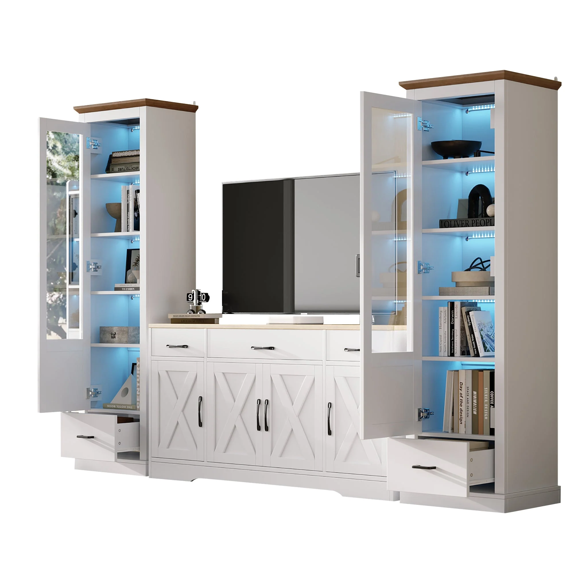 Living Room Set Combo, LED Display Cabinets and Multifunctional Sideboard, Matte White - Image 6