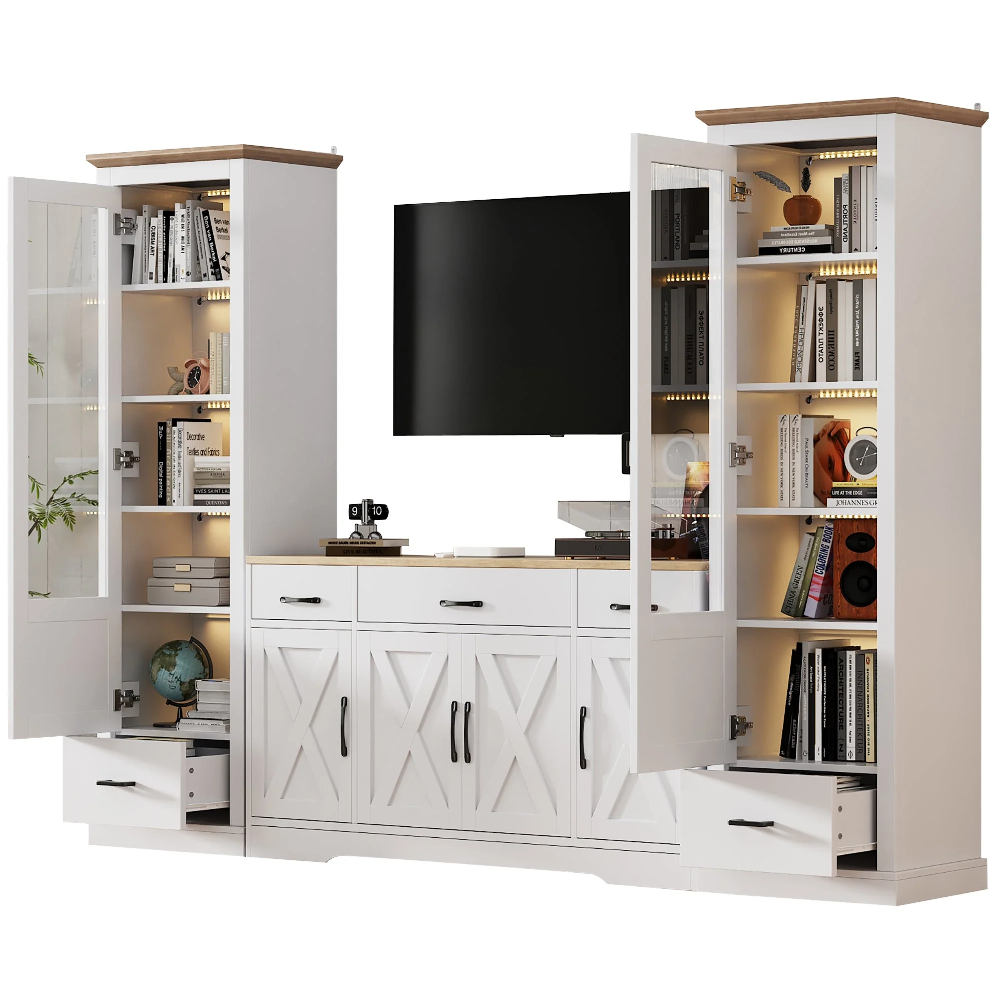 Living Room Set Combo, LED Display Cabinets and Multifunctional Sideboard, Matte White - Image 8