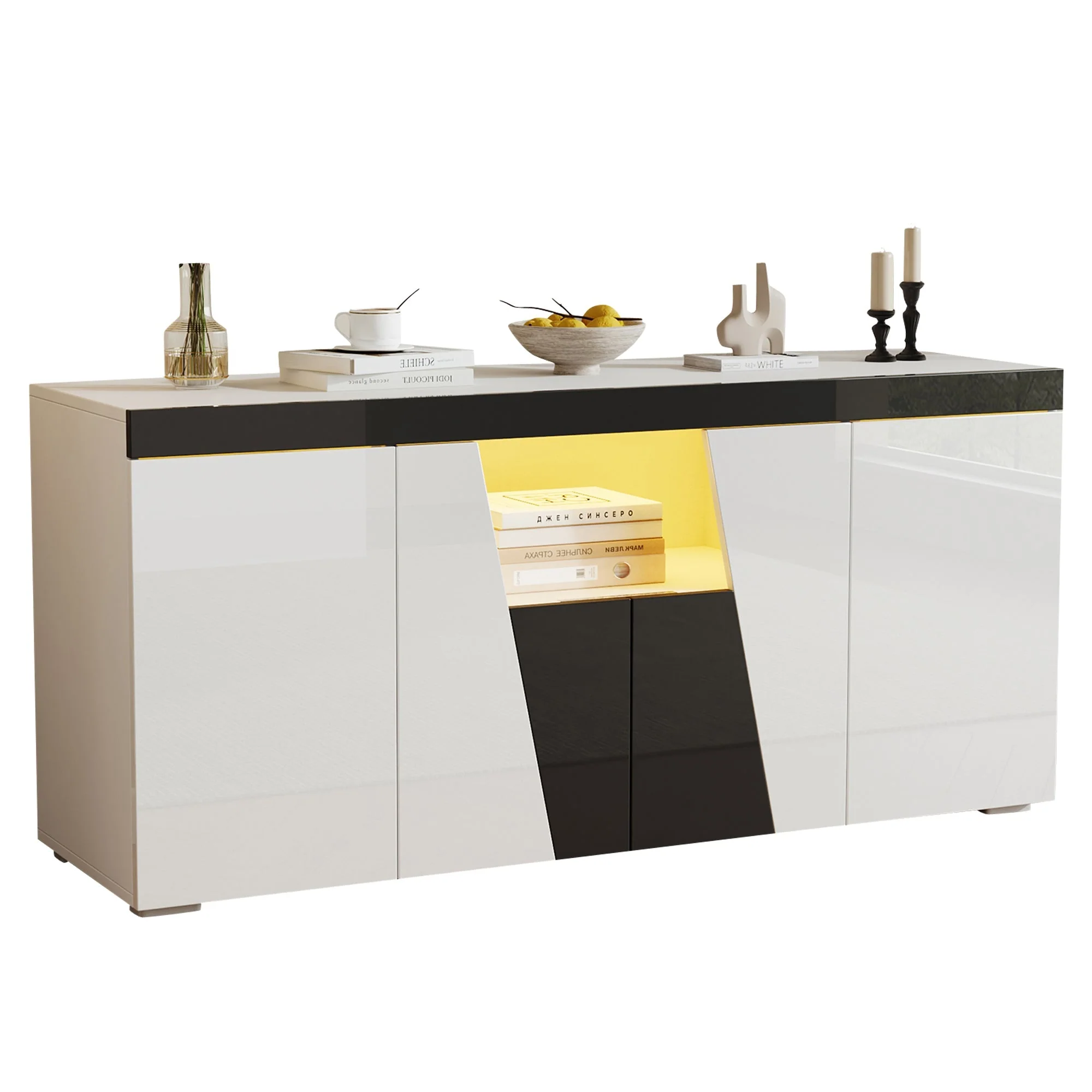 Living Room Sideboard 140x40x65cm Large Storage 4 Doors LED Light Strip Angled Design Black and White - Image 5
