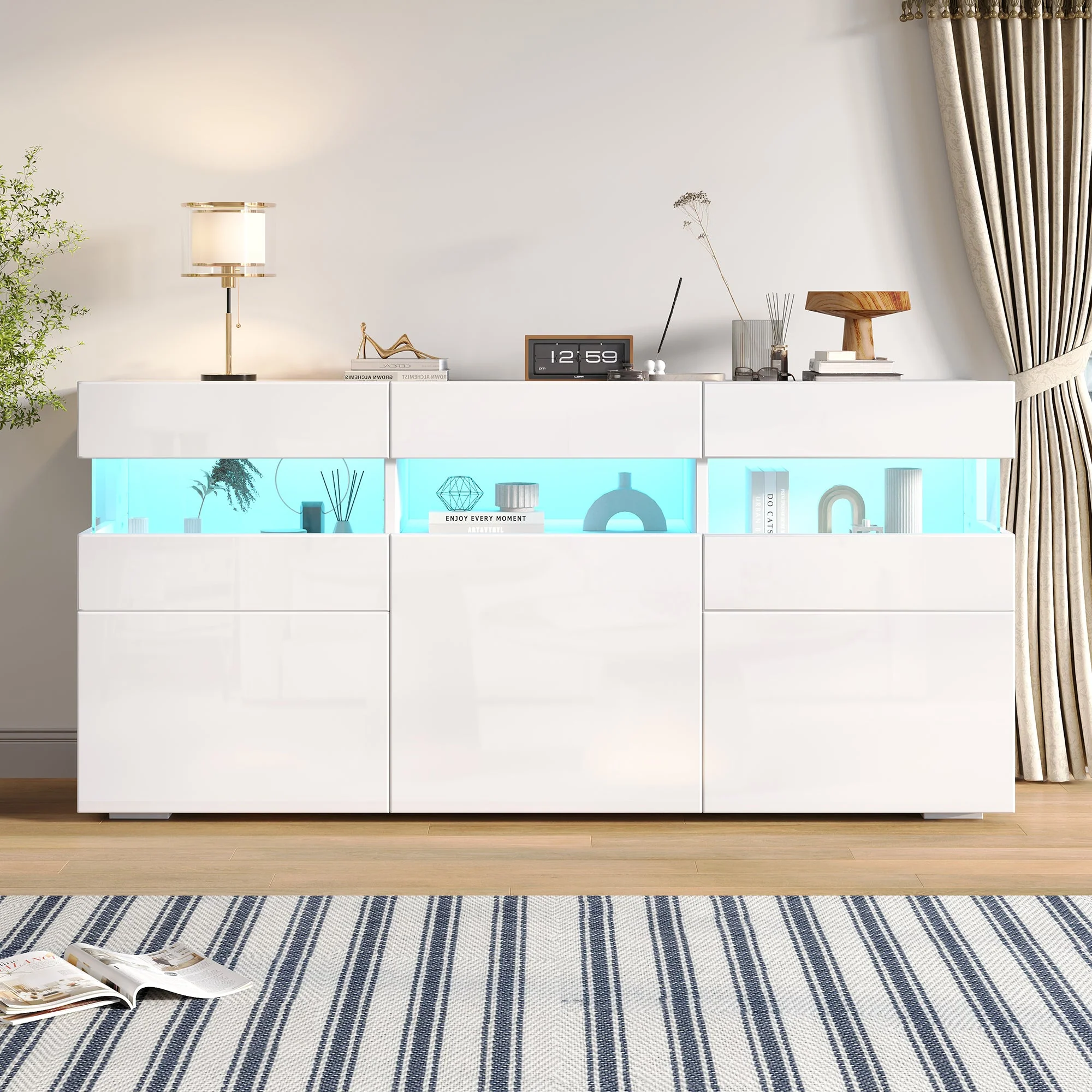 Living Room Sideboard 3-Door Cabinet LED Light Acrylic High-Gloss White - Image 2